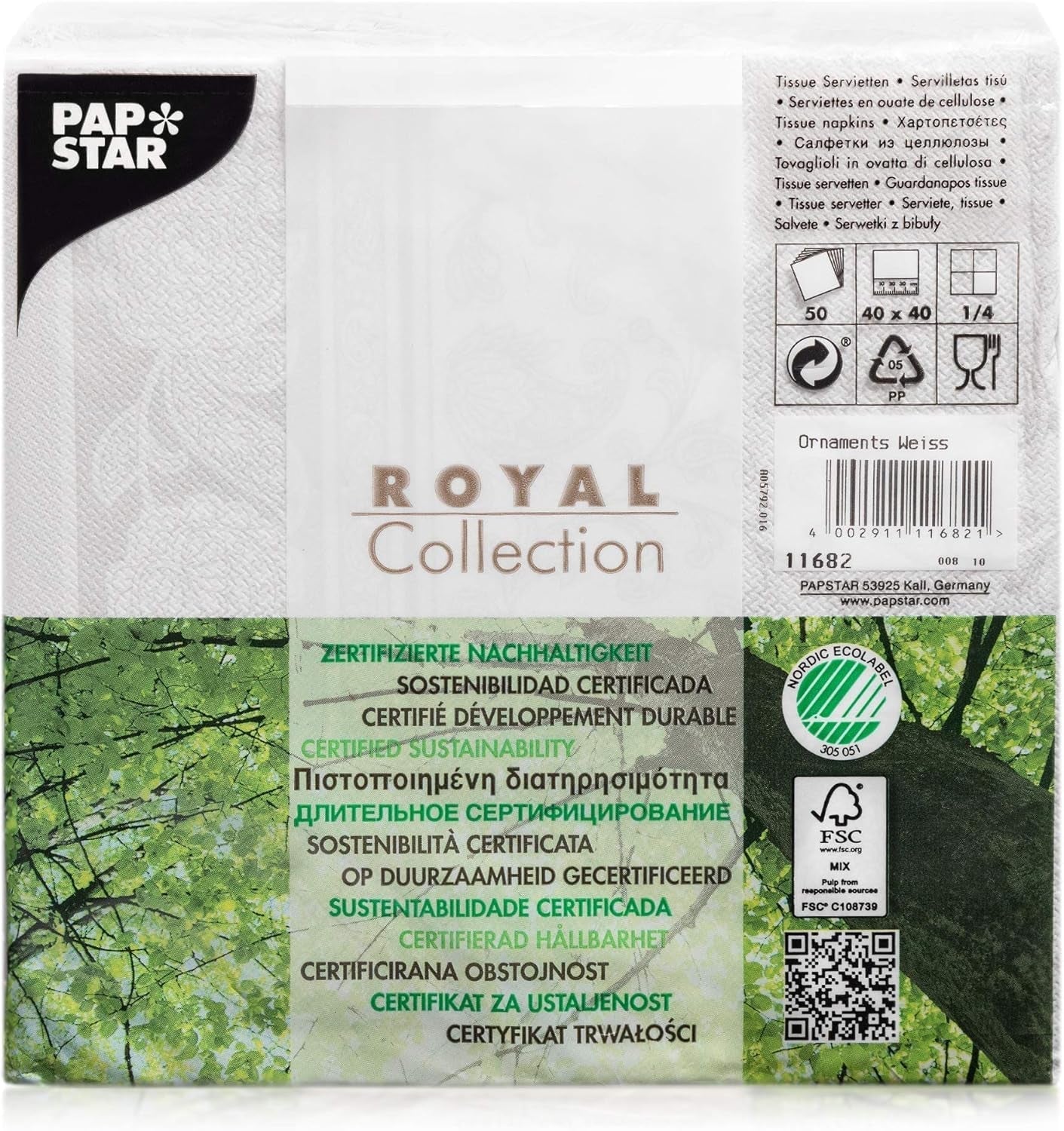 Papstar 11682 50 șervețele "Royal Collection" 1/4 pliere 40 X 40 cm "Ornamente", alb