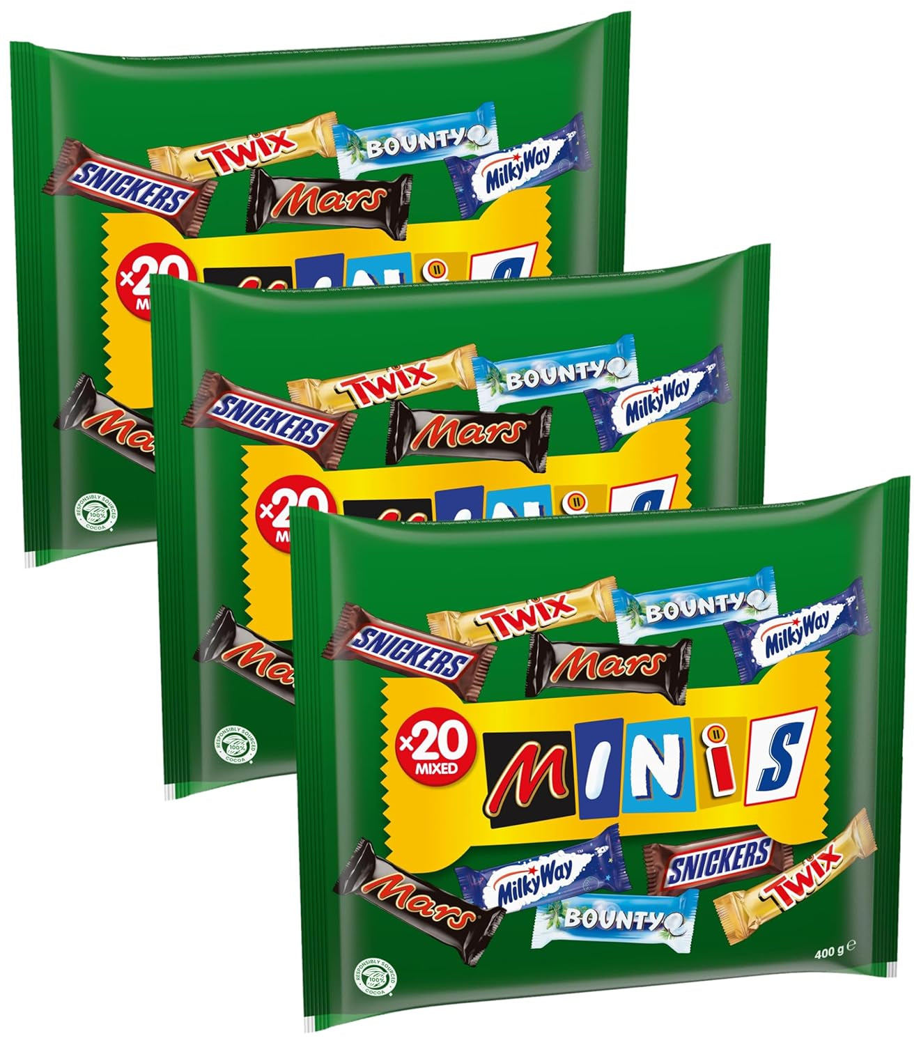 Pachet vrac cu mini ciocolată mixtă, 20 de mini gustări de ciocolată (Mars, Snickers, Bounty, Twix, Milky Way), ca bomboane, cadou de ciocolată, cutie de bomboane, 400g