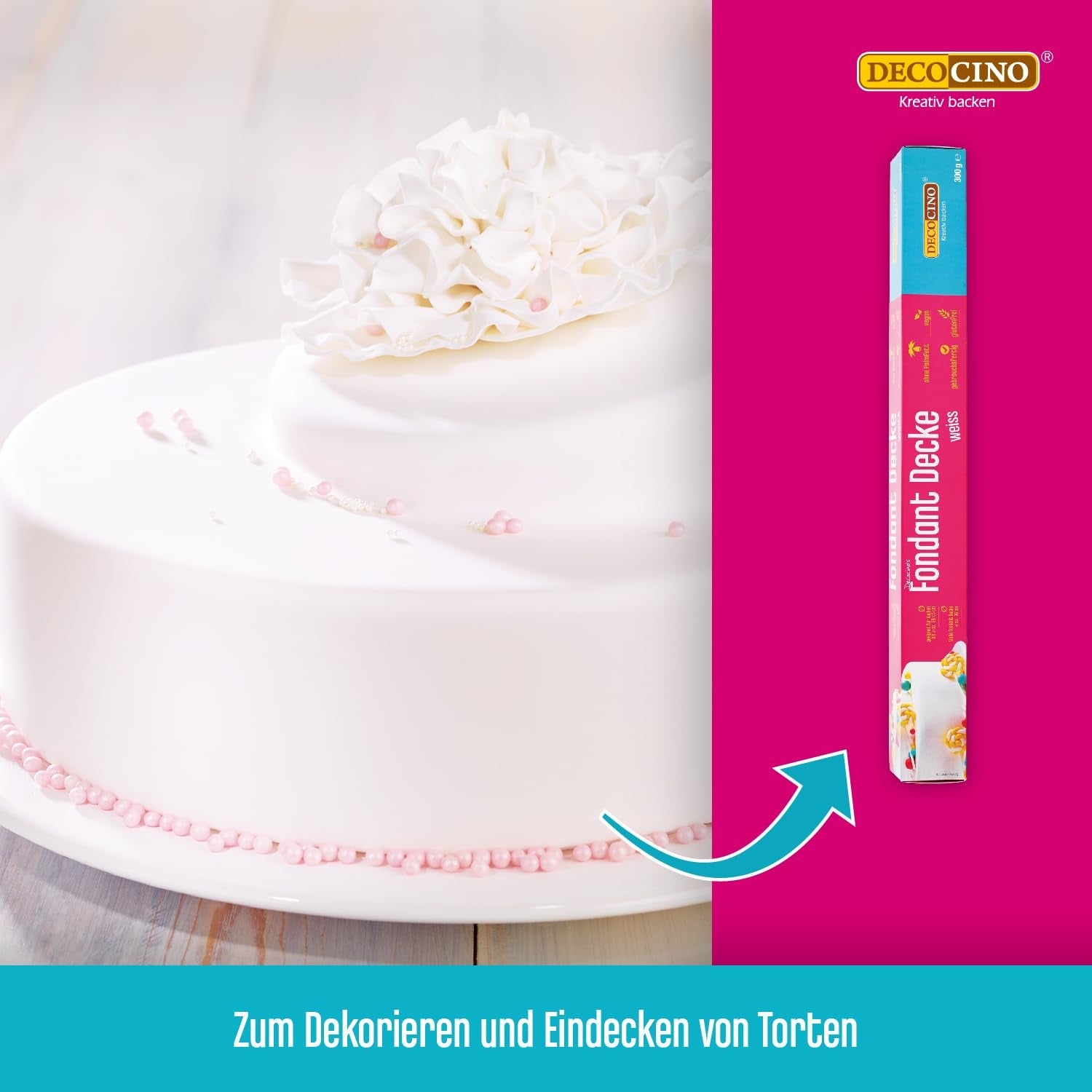 DECOCINO Rollfondant Decke Weiß – 300G – Gebrauchsfertige Fondant-Decke, Zum Eindecken & Verzieren Von Torten Und Kuchen – Glutenfrei & Vegan Glazuri si Decor Naty Shop