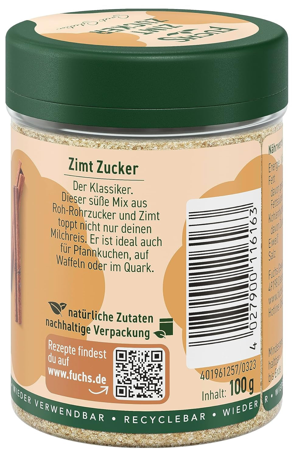 Fuchs Gewürze - Zimt Zucker - Klassiches Gewürz für Milchreis, Pfannkuchen oder Waffeln - aus natürlichen Zutaten - 100 g in wiederverwendbarer, recyclebarer Dose