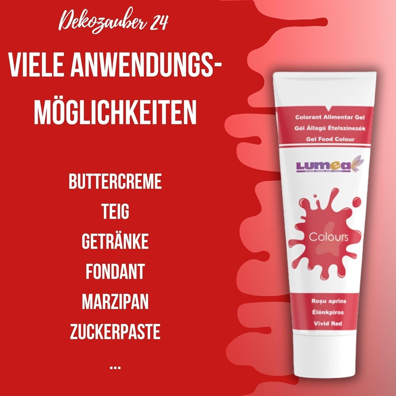 Dekozauber24 Colorant alimentar roșu, gel, 30g, vegan, fără zahăr, foarte concentrat, colorant alimentar roșu pentru fondant, cremă de unt, băuturi și multe altele