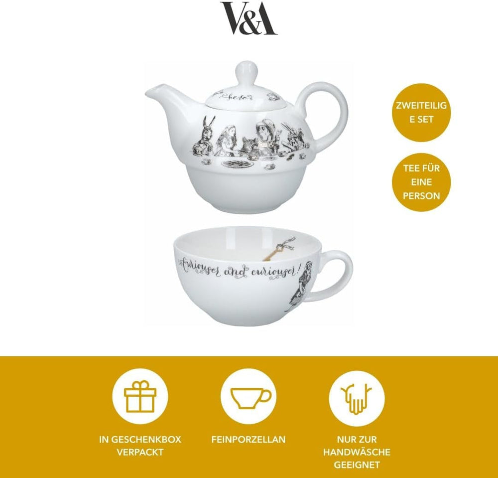 Set ceainic și ceașcă Alice în Țara Minunilor pentru 1 persoană în cutie cadou, serviciu de ceai din porțelan fin, alb, 250 ml