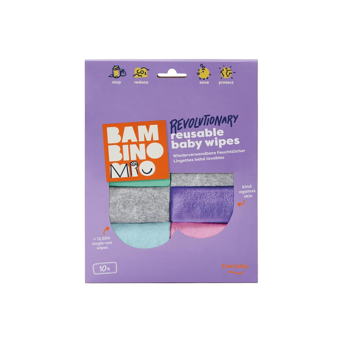 Bambino Mio, șervețele umede reutilizabile pentru bebeluși - Basic - ecologice, fără substanțe chimice, cu două fețe, lavabile, pachet de 10, Cloud - ambalajul poate varia