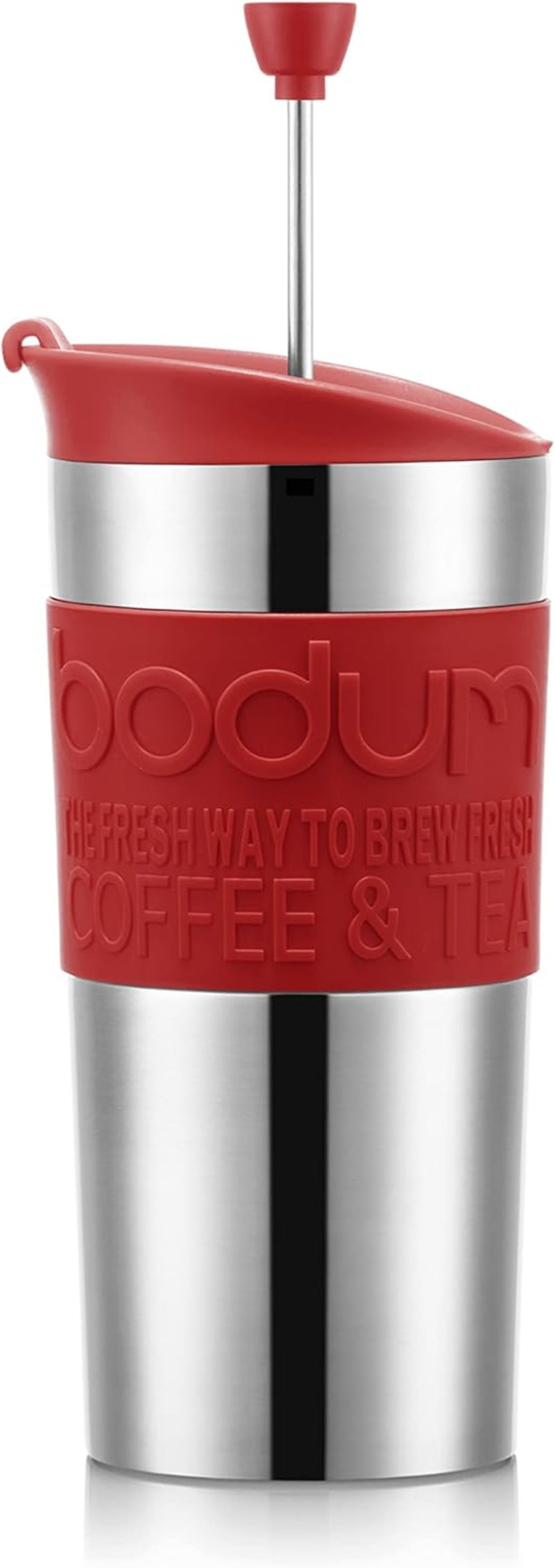 Cană termică Bodum K11067-04 TRAVEL PRESS SET, cu pereți dubli, oțel inoxidabil, capac suplimentar, 0,35 l, roșie