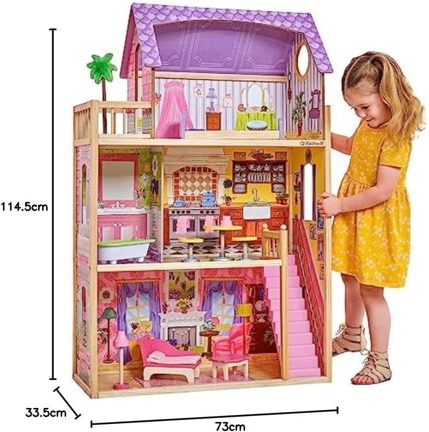 KidKraft Casă de păpuși Kayla din lemn cu mobilier și accesorii, set de joacă cu 3 niveluri pentru păpuși de 30 cm, jucărie pentru copii de la 3 ani în sus, 65092 - Exclusiv pe Amazon