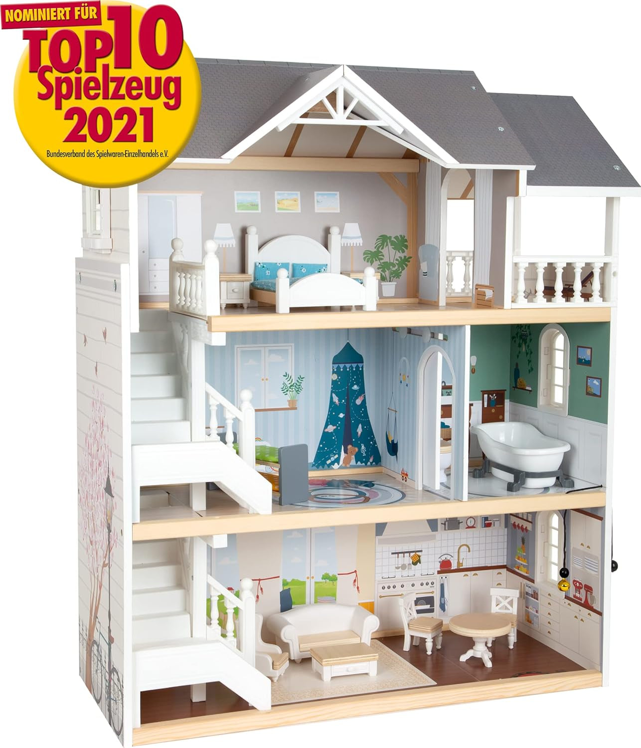 Casă de păpuși Small Foot Vilă de oraș din lemn, cu 3 etaje, față deschisă și 12 mobilier, pentru copii de la 3 ani, 11802, alb gri Casute de papusi Naty Shop