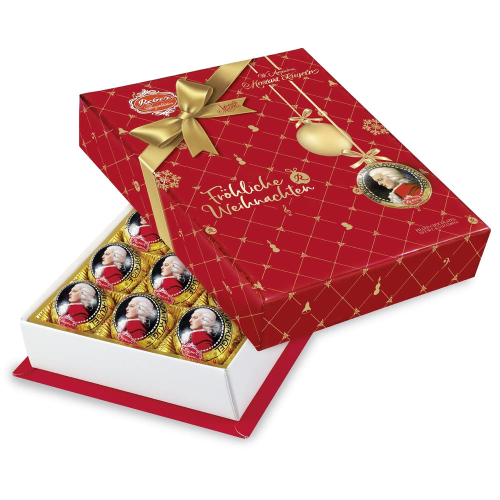 Bile Mozart autentice Reber, ediție de Crăciun, praline de ciocolată neagră, marțipan, nuga, cadou ideal de Crăciun, pachet de 12