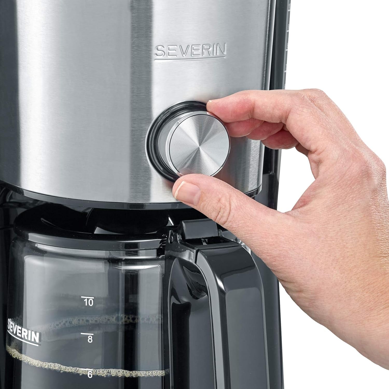 Espressor SEVERIN „TypeSwitch” cu carafă de sticlă și cronometru, AromaSwitch pentru alegerea a 2 opțiuni de preparare, ceas digital cu funcție de cronometru, pentru până la 10 cești, 1000W, oțel inoxidabil periat-negru, KA 4826