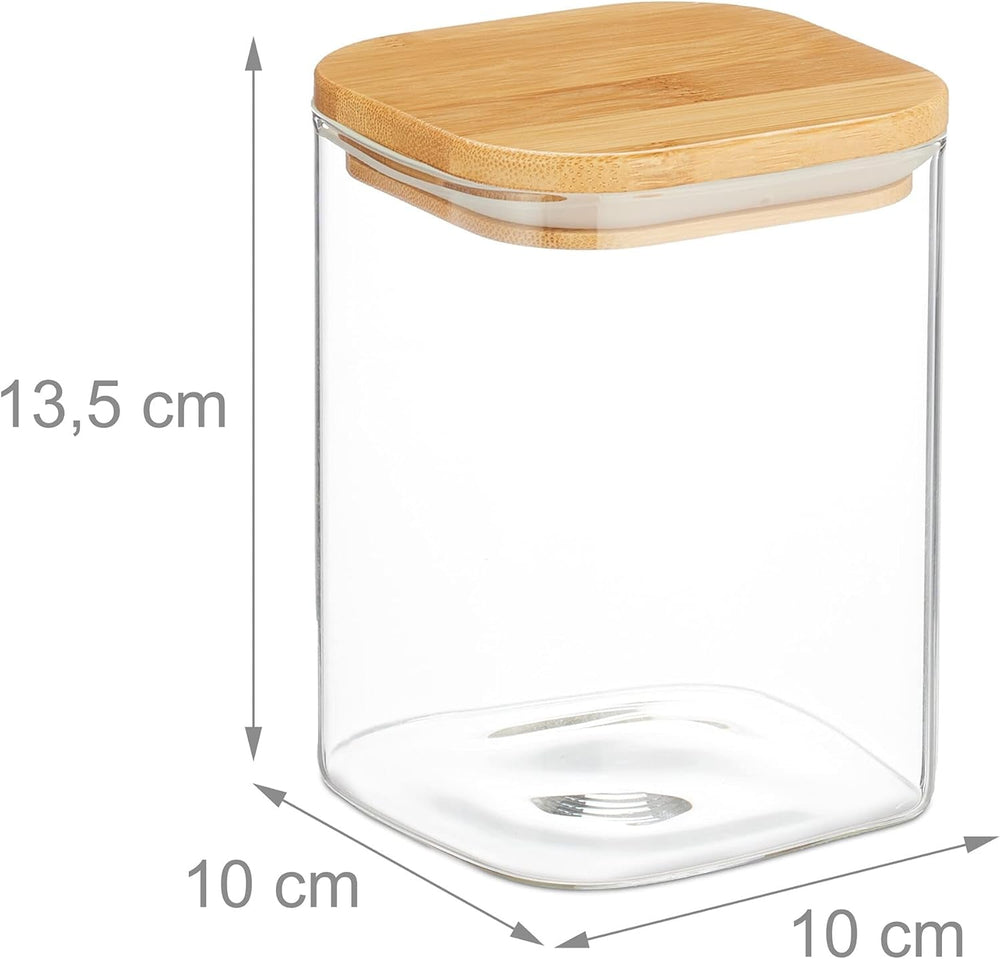 Borcane de depozitare Relaxdays cu capace din bambus, set de 3, borcane pătrate din sticlă, 900 ml, etanșe, transparente/naturale Cutii depozitare alimente Naty Shop