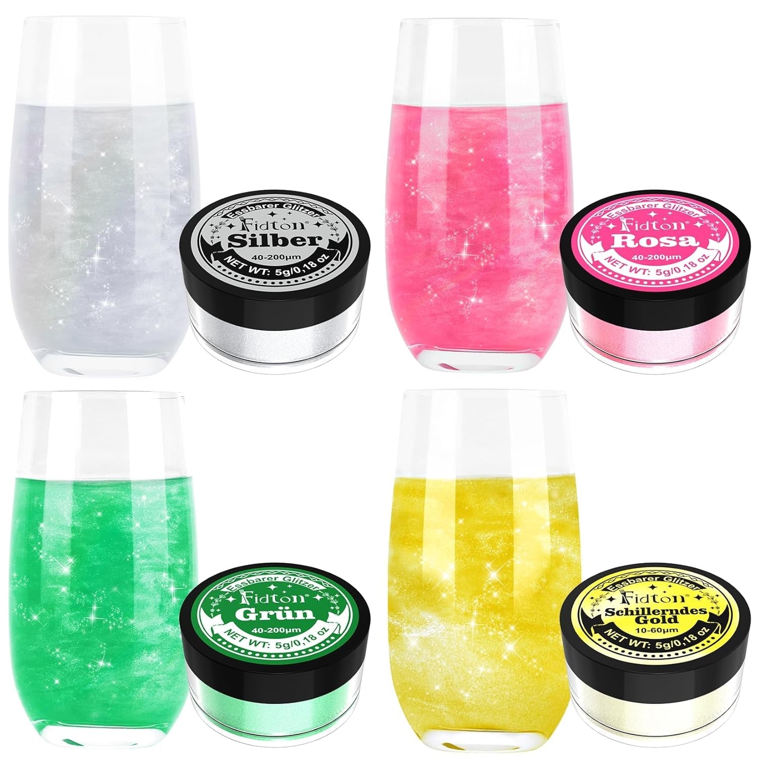 Sclipici comestibil pentru băuturi - Set de colorant alimentar pudră Fidton cu 2 culori, Sclipici comestibil pentru prăjituri, Fondant auriu, Gogoașă, Sclipici comestibil pentru băuturi, Cocktail, Aur și argintiu comestibil - 5 g