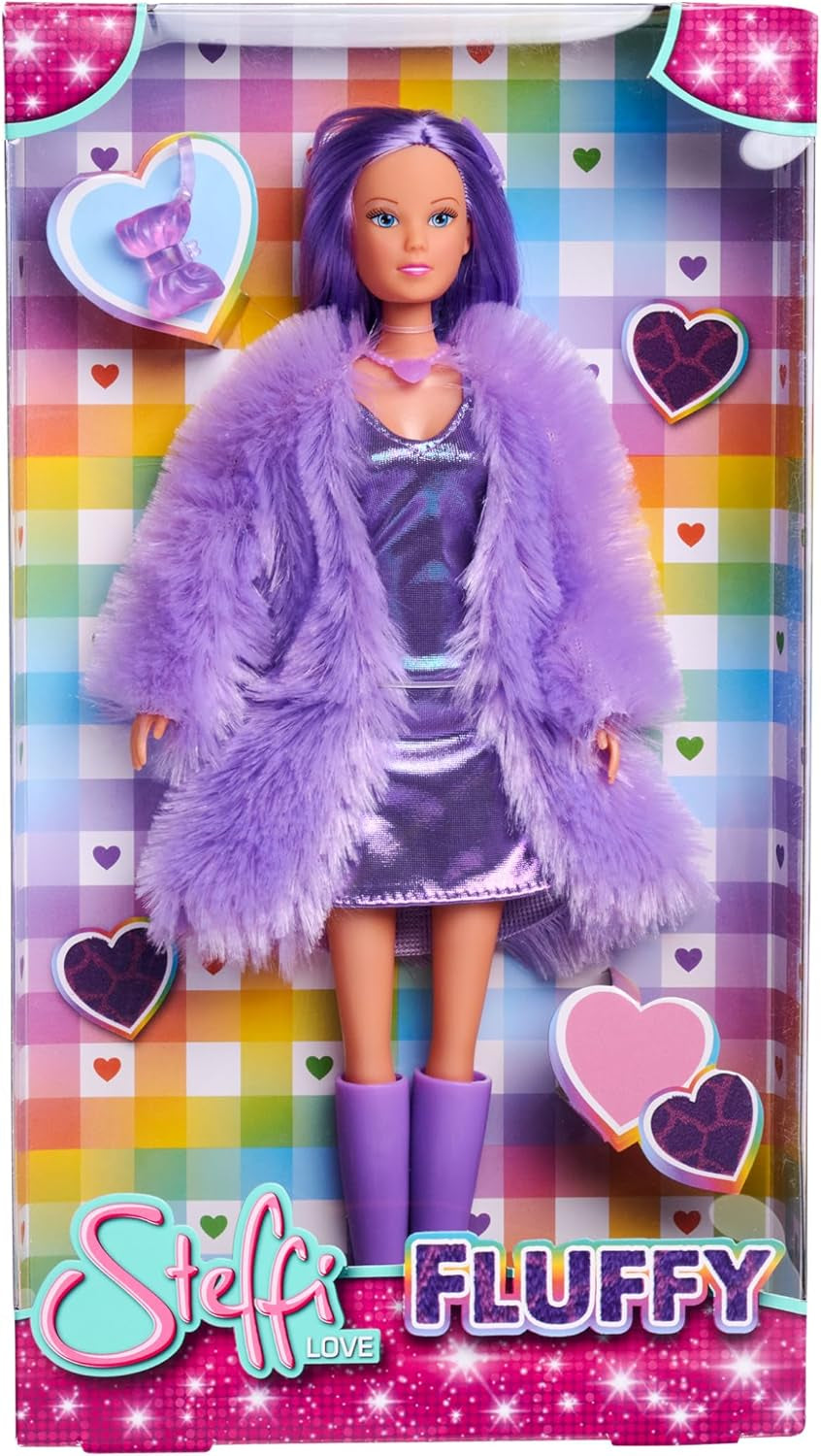 Simba Steffi Love Fluffy, Puppe im Gürtelkleid mit Felljacke und tollem Modezubehör, 29cm Spielpuppe, ab 3 Jahren