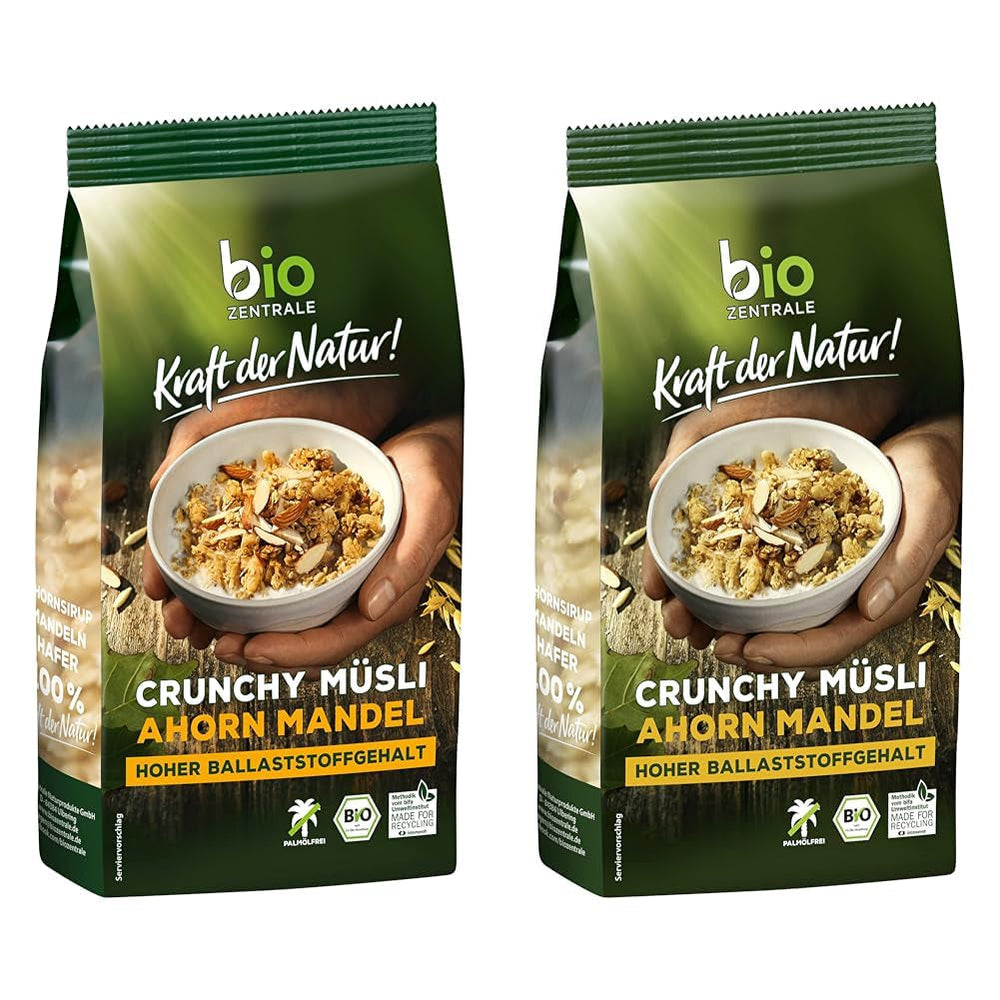 Muesli crocant cu arțar și migdale | 375 g Muesli crocant organic | Ideal pentru micul dejun și pentru o cană de muesli la pachet | Vegan și fără ulei de palmier (Pachet de 2)