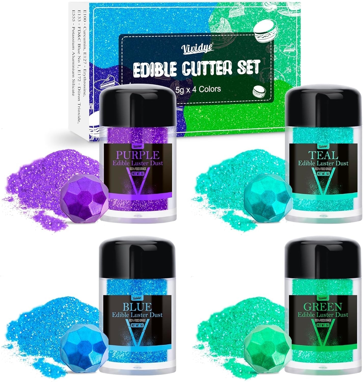 Sclipici comestibil cu sclipici - Pudră cu sclipici comestibilă în 4 culori, praf cu sclipici pentru băuturi, mâncare, prăjituri - Pudră colorantă alimentară metalică comestibilă pentru copt, cocktailuri - 5G / sticlă
