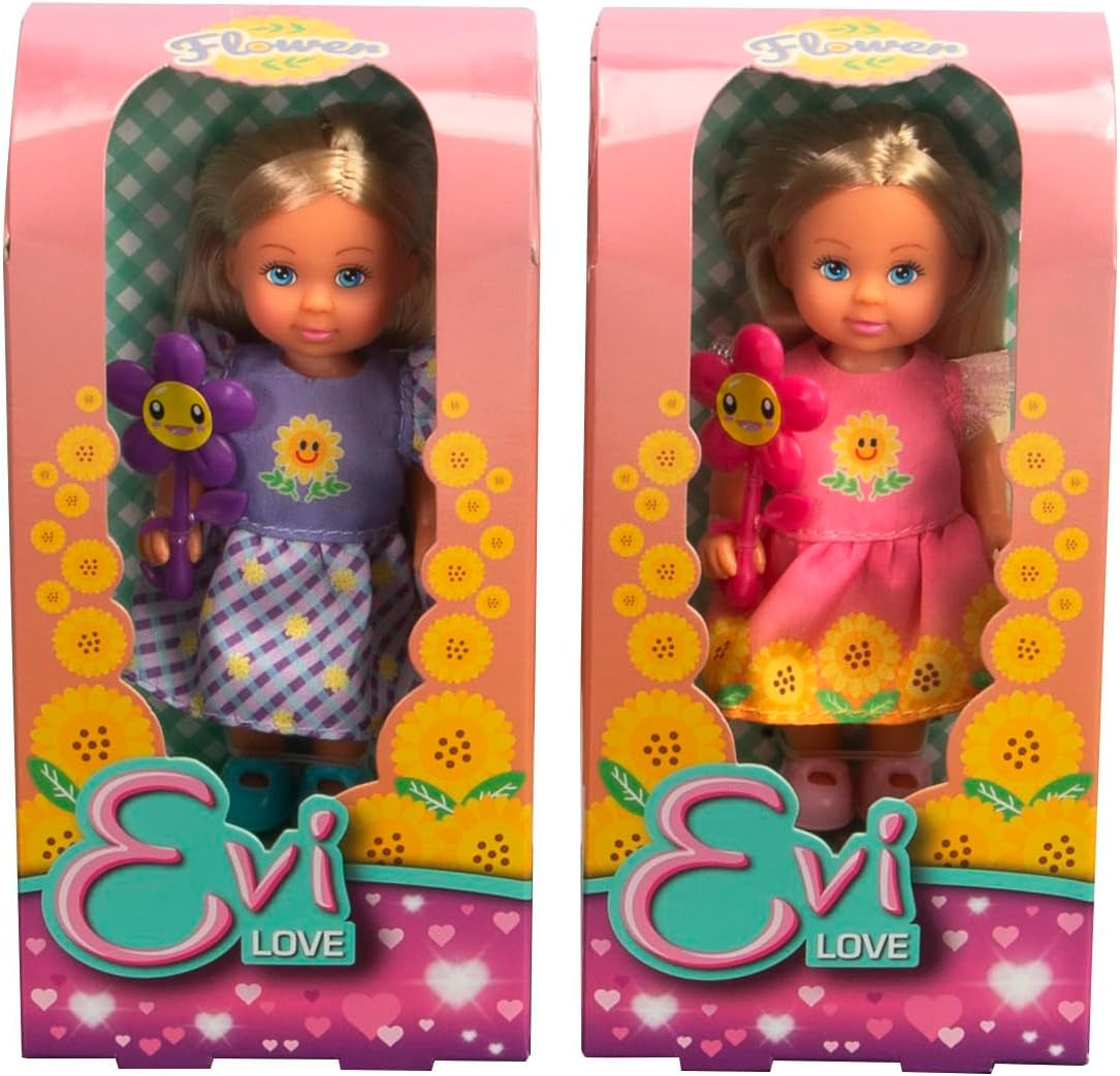 Simba Evi Love Flowers, asortat în 2 variante, va fi livrat doar UN articol, păpușă într-o rochie florală drăguță cu floare, păpușă de joacă de 12 cm, vârste 3+