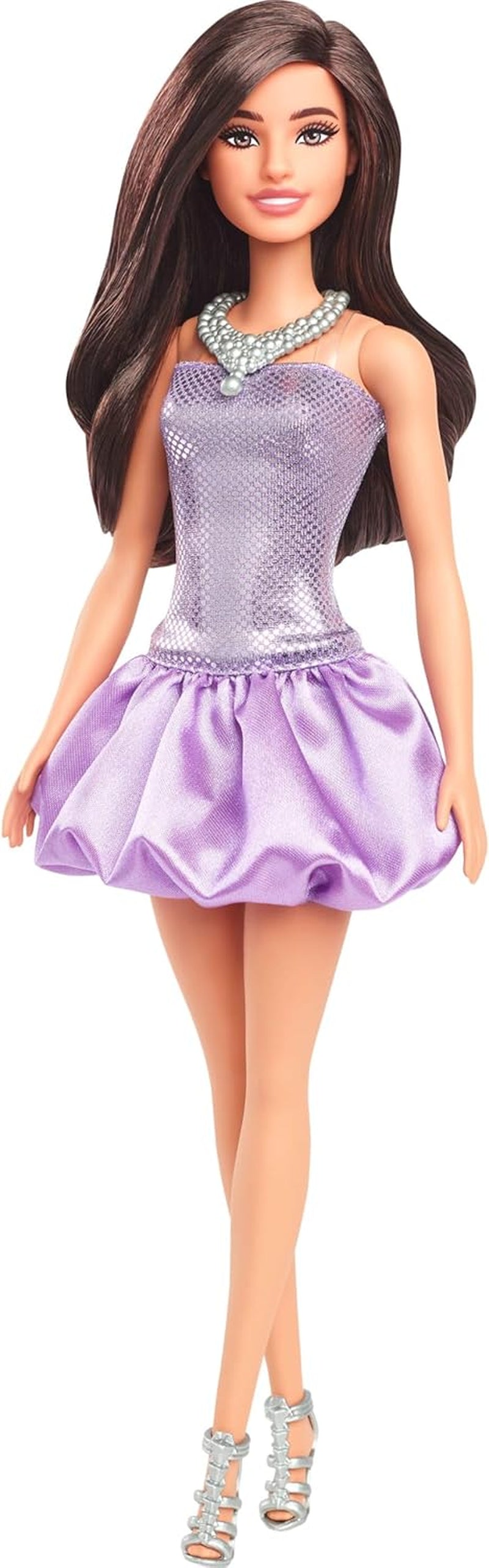 Barbie Fashionistas-Puppe Nr. 230 mit blondem Haar, rosa Metallic-Minikleid mit Herz-Aussparung, weißem Armband und High Heels, HYT88