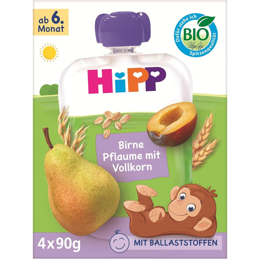 Pliculețe HiPP Organic cu pere și prune, cu cereale integrale, 16 bucăți (4 pachete a câte 4 x 90g fiecare), pentru bebeluși de la 6 luni, fără zahăr adăugat, vegane, de cea mai bună calitate organică