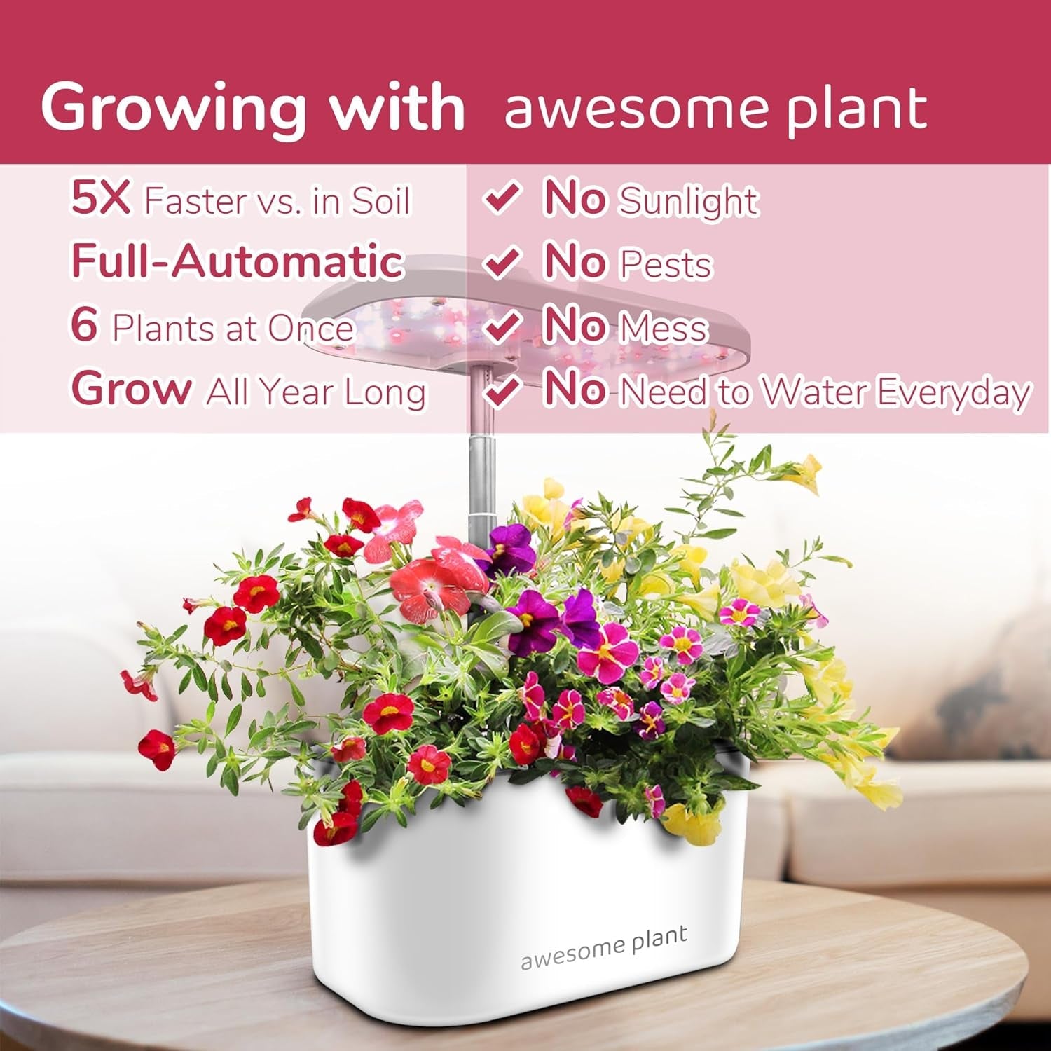 Kit sistem de creștere hidroponică 6Pro (6 capsule), kit de grădinărit interior cu rezervor de apă de 3 litri, 3 moduri de creștere și pompă silențioasă, kit pentru cultivarea ierburilor și a salatelor acasă, înălțime reglabilă până la 33,0 cm, alb
