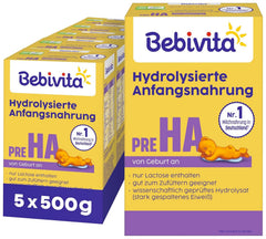 PRE HA (5 x 500g), formulă de lapte praf hidrolizată de la naștere, conține doar lactoză ca și carbohidrat, potrivită pentru alimentație suplimentară