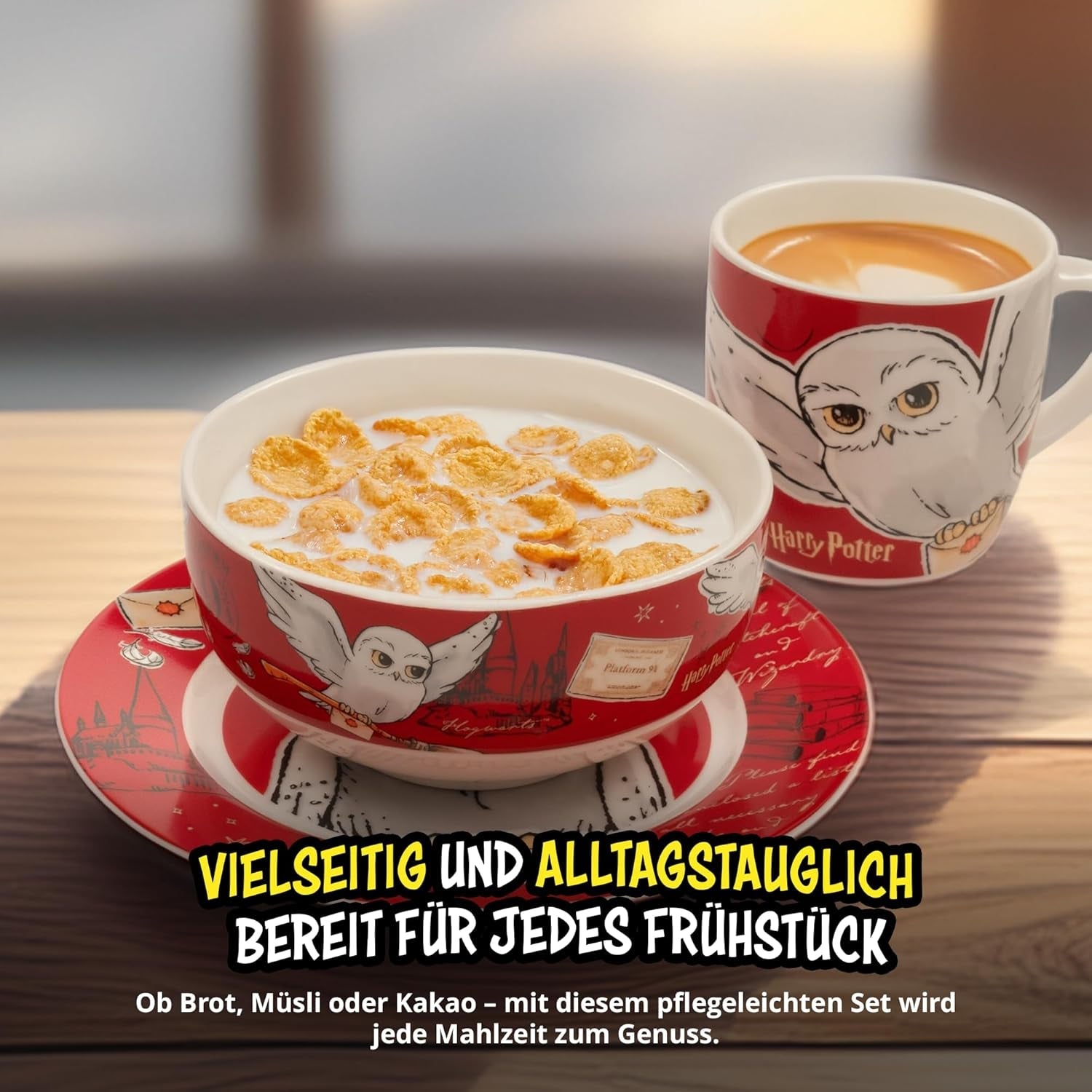 Set de veselă Harry Potter, 3 piese, roșu, set de mic dejun din porțelan cu farfurie Ø 19 cm, cană 220 ml și bol 330 ml, set de veselă