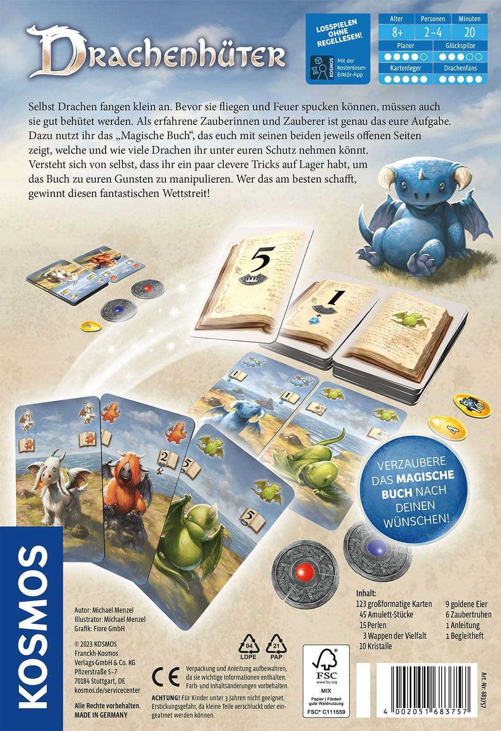 Kosmos 683757 Dragon Keeper, Joc de cărți mare pentru întreaga familie de la 8 ani, 123 de cărți de dragon frumoase, de format mare, de Michael Menzel, joc de societate, cadou