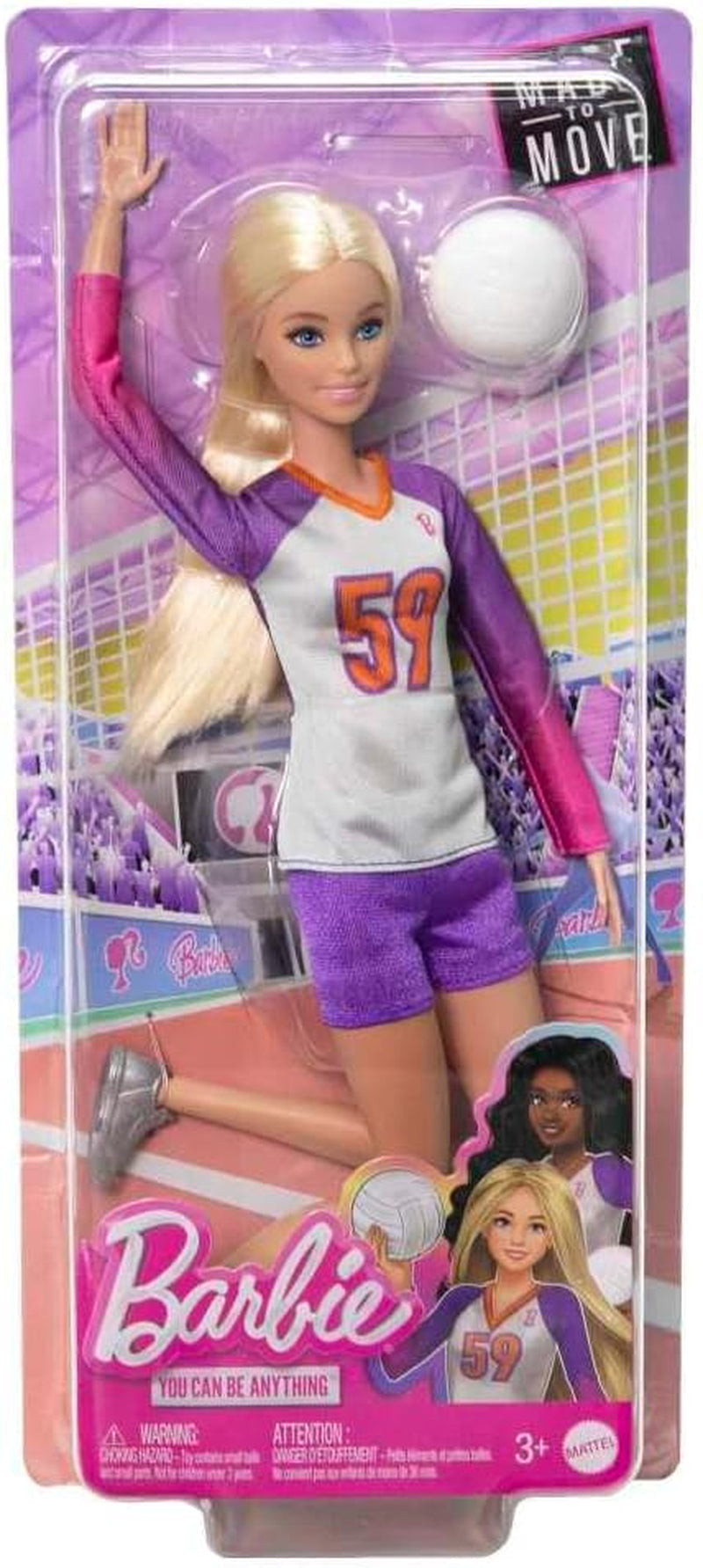 Barbie Made to Move - Volleyballspielerin-Puppe mit Trikot und Ball - 22 Gelenke für realistisches Spiel, inklusive Volleyball und Sportkleidung, HKT72