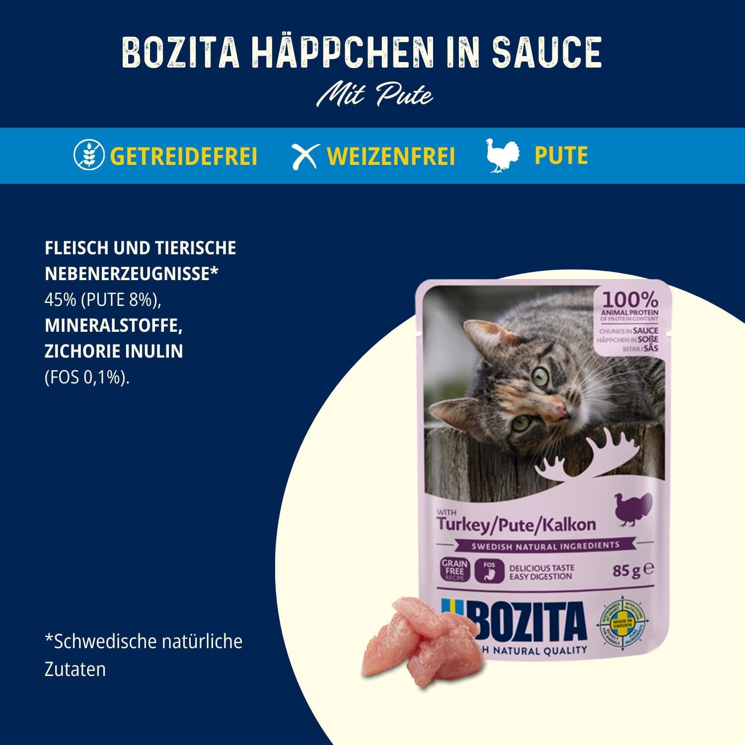 Bozita Pouch Nassfutter Häppchen in Sauce mit Pute - 12x85g Portionsbeutel getreidefreies & weizenfreies Futter für Katzen - Katzennassfutter für erwachsene Katzen mit 8,5% Protein & 4,5% Fettgehalt