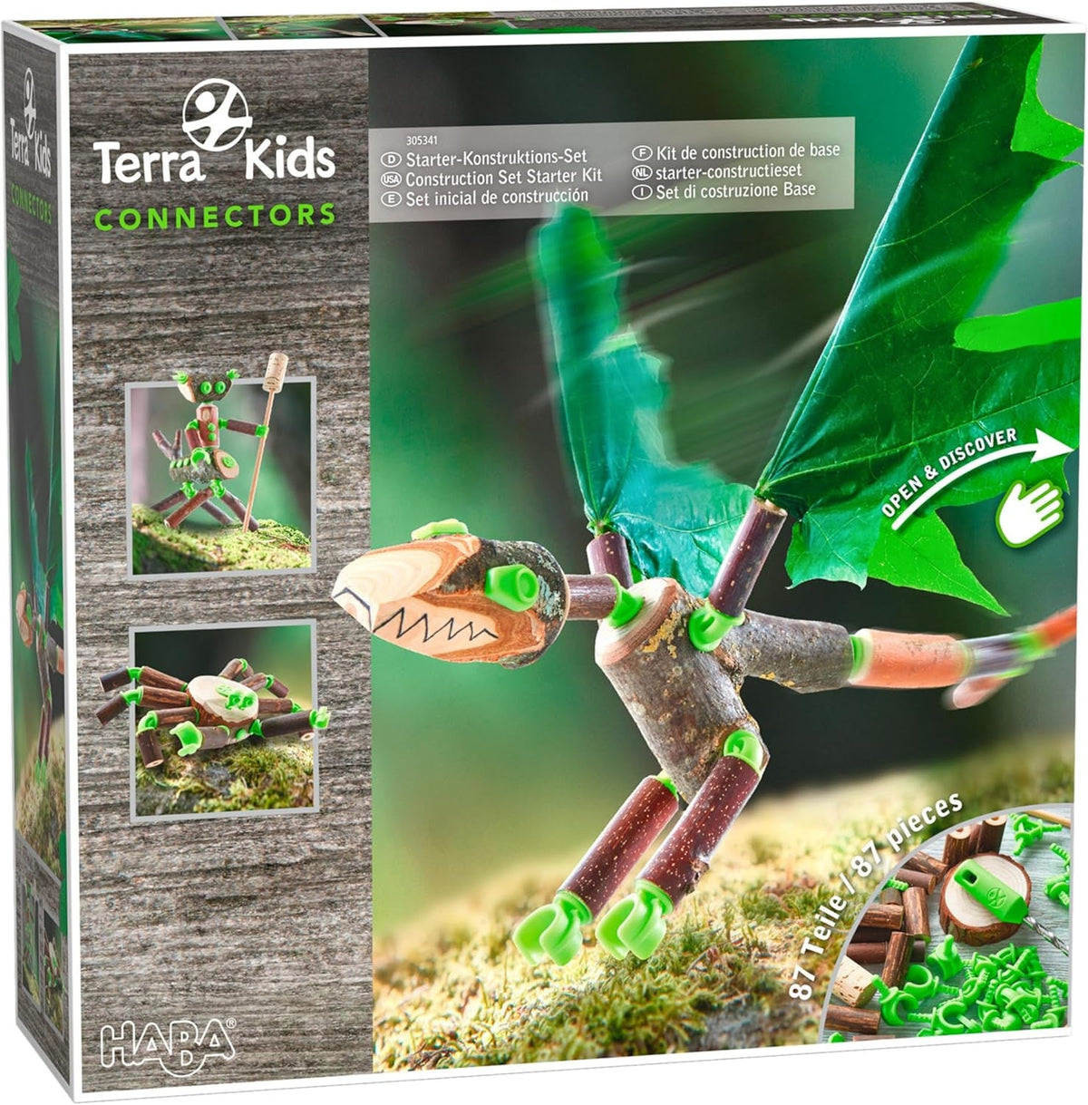 HABA Terra Kids Connectors – Starter-Konstruktionsset für Kinder - Holz-Bastelset mit Kunststoff-Verbinder und Handbohrer – Natur-Baukasten für kreatives Bauen von Figuren