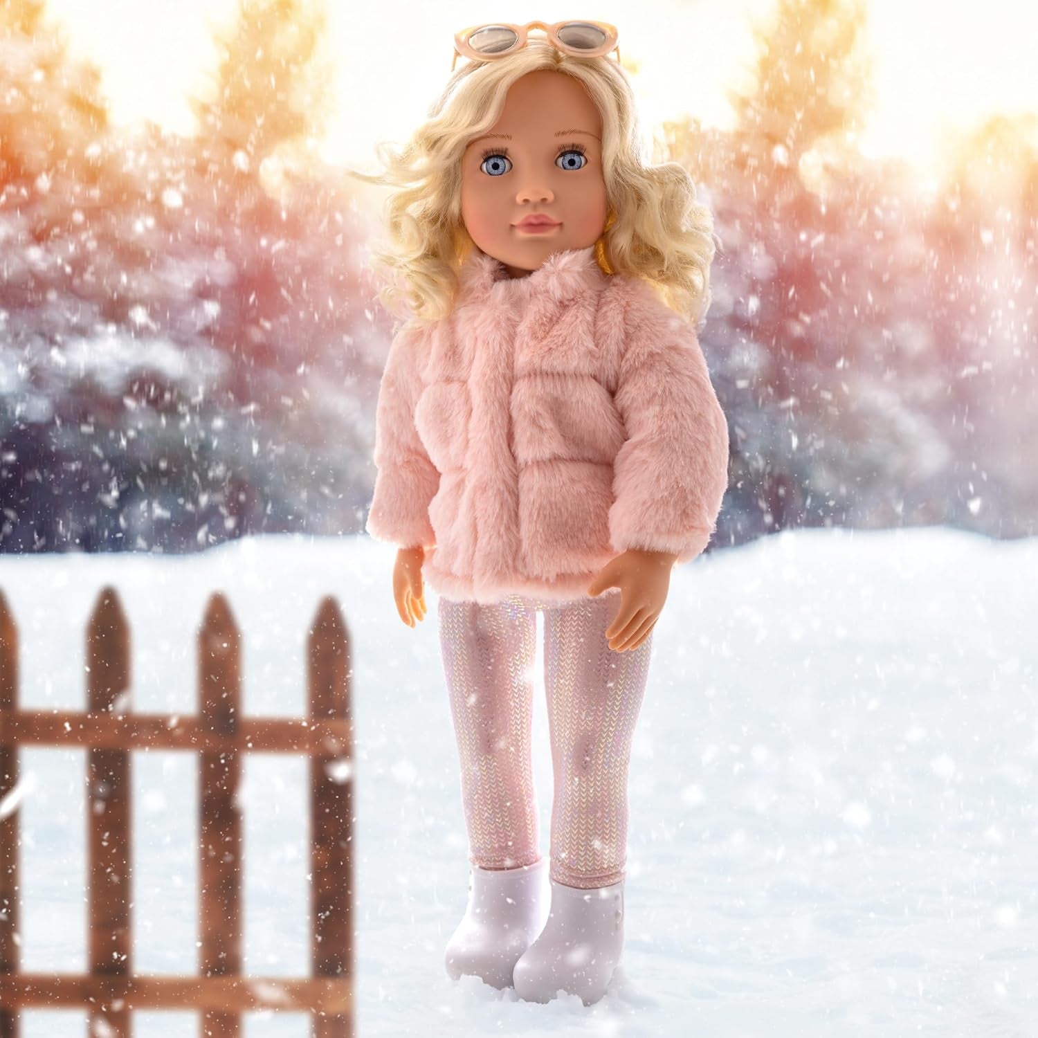 Our Generation - AVA - 46 cm-Modepuppe - Lebensechte hellblaue Augen & gewelltes Blondes Haar - Rosa Kunstpelz-Mantel-Outfit - Vorgetäuschtes Spiel - Spielzeug für Kinder ab 3 Jahren
