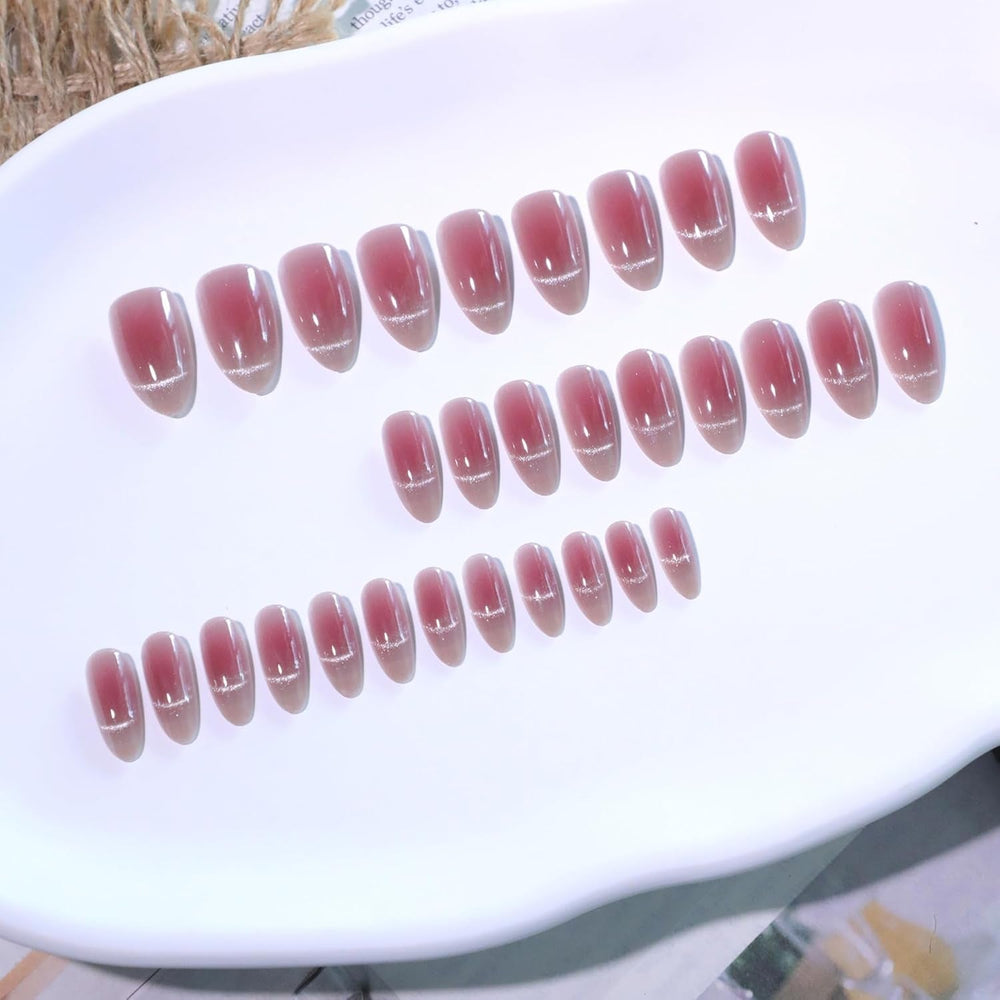 Mouyouglow Unghii False Magnetice Scurte, Roz Migdala Roșu Gradient Sclipici Cat Eye cu Lipici, Unghii Artificiale Roz Roșu Ombre Sclipici Fototerapie Pentru Femei și Fete
