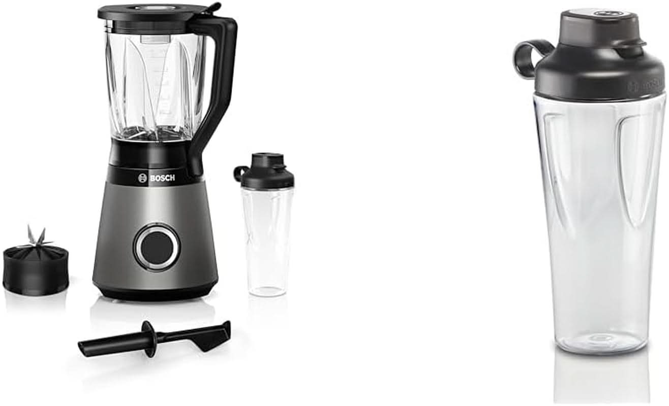 Bosch Standmixer Vitapower Serie 4 MMB6174SN, Verbesserte Version, Hochwertige Edelstahl-Klingen, 1,5L Glasbehälter, 0,6L To-Go-Flasche, Spülmaschinenfeste Teile, 30.000 U/Min, 1200 W, Silber Bucatarie Naty Shop Bundle Mit Flasche 0,6 L 2-In-1, Neu Mit 10 Jahre Motorgarantie