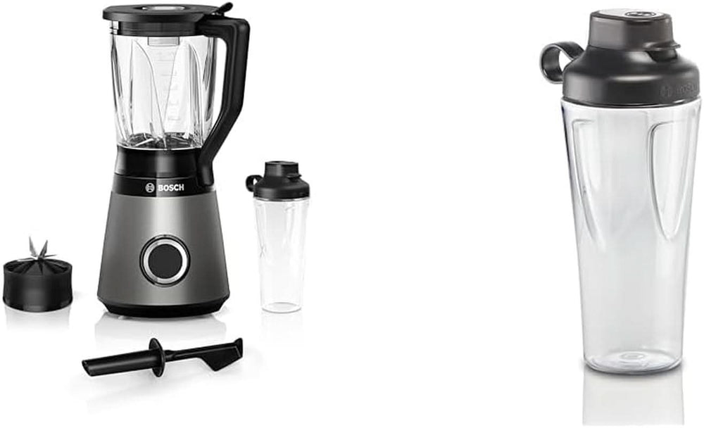 Bosch Standmixer Vitapower Serie 4 MMB6174SN, Verbesserte Version, Hochwertige Edelstahl-Klingen, 1,5L Glasbehälter, 0,6L To-Go-Flasche, Spülmaschinenfeste Teile, 30.000 U/Min, 1200 W, Silber Bucatarie Naty Shop Bundle Mit Flasche 0,6 L 2-In-1, Neu Mit 10 Jahre Motorgarantie