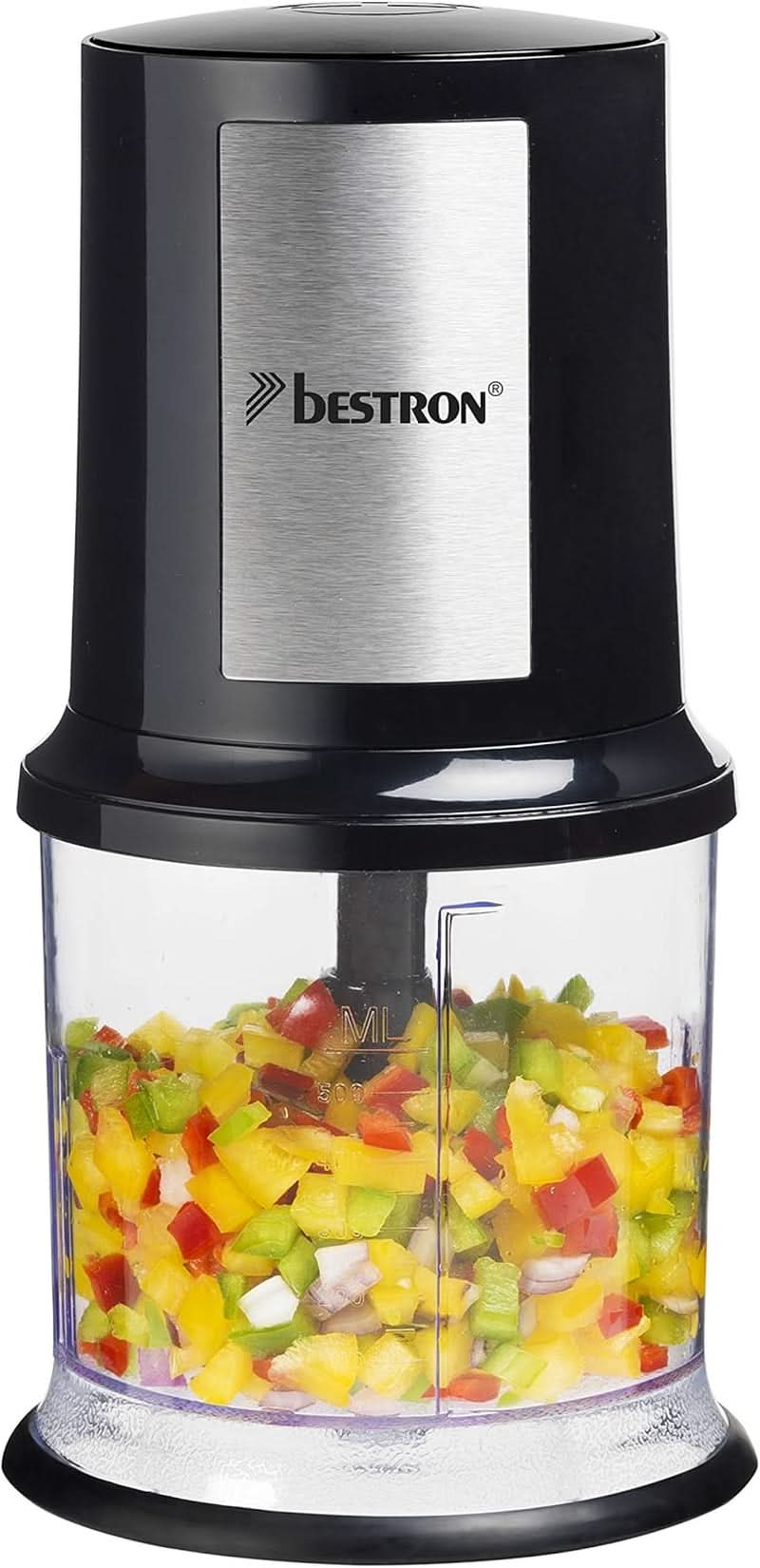 Bestron Elektrischer Multi-Zerkleinerer, Universalzerkleinerer Mit Zwei Schneidemessern & 500Ml Kapazität, Große Pulstaste, 400 Watt, Farbe: Kupfer Bucatarie Naty Shop Schwarz/Silber