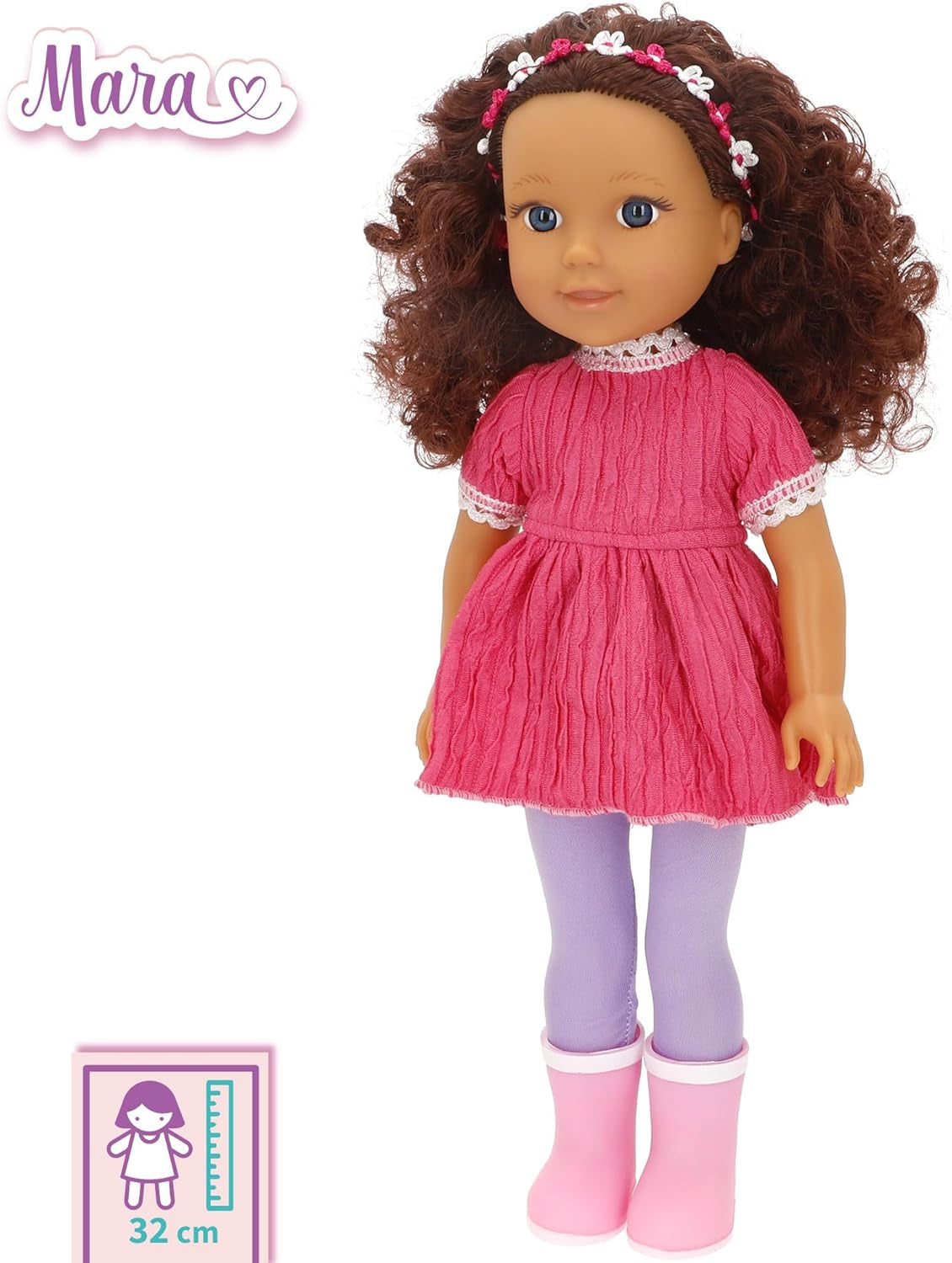 Mara 39361 Kinderpuppe, beweglich, 36 cm, lockiges braunes Haar, lässiger Stil, inklusive Kleidung, realistische Puppen, Spielzeug für Kinder ab 3 Jahren, Kinder