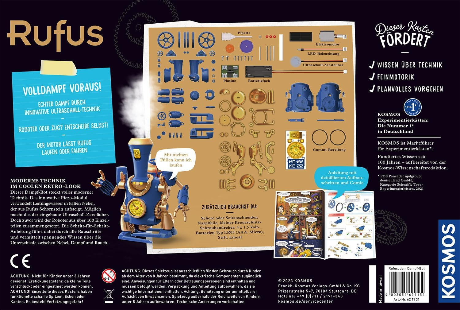 KOSMOS 621131 Rufus - Dein Dampf-Roboter, 3 Modi: Roboter, Zug, dampfende Steampunk-Maschine, mit Ultraschall-Technik, Roboter-Spielzeug für Kinder ab 8-12 Jahre, Bausatz, Experimentierkasten, Mint