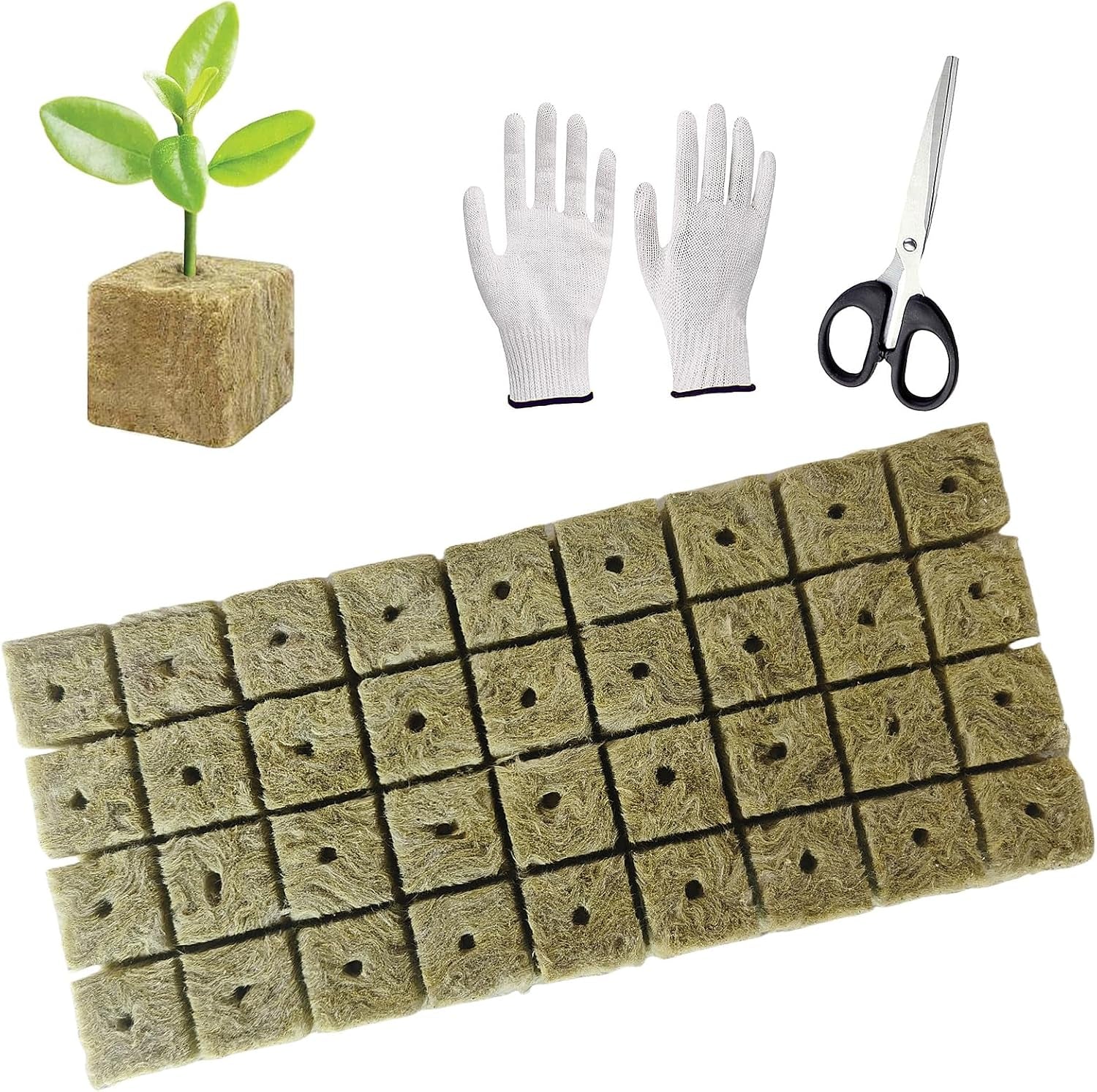 50 de bucăți de covoraș de creștere din vată minerală, cub de vată minerală, izolație din vată minerală, covoraș de creștere din vată minerală cu foarfece și mănuși pentru creștere fără sol, hidroponie și transplantare