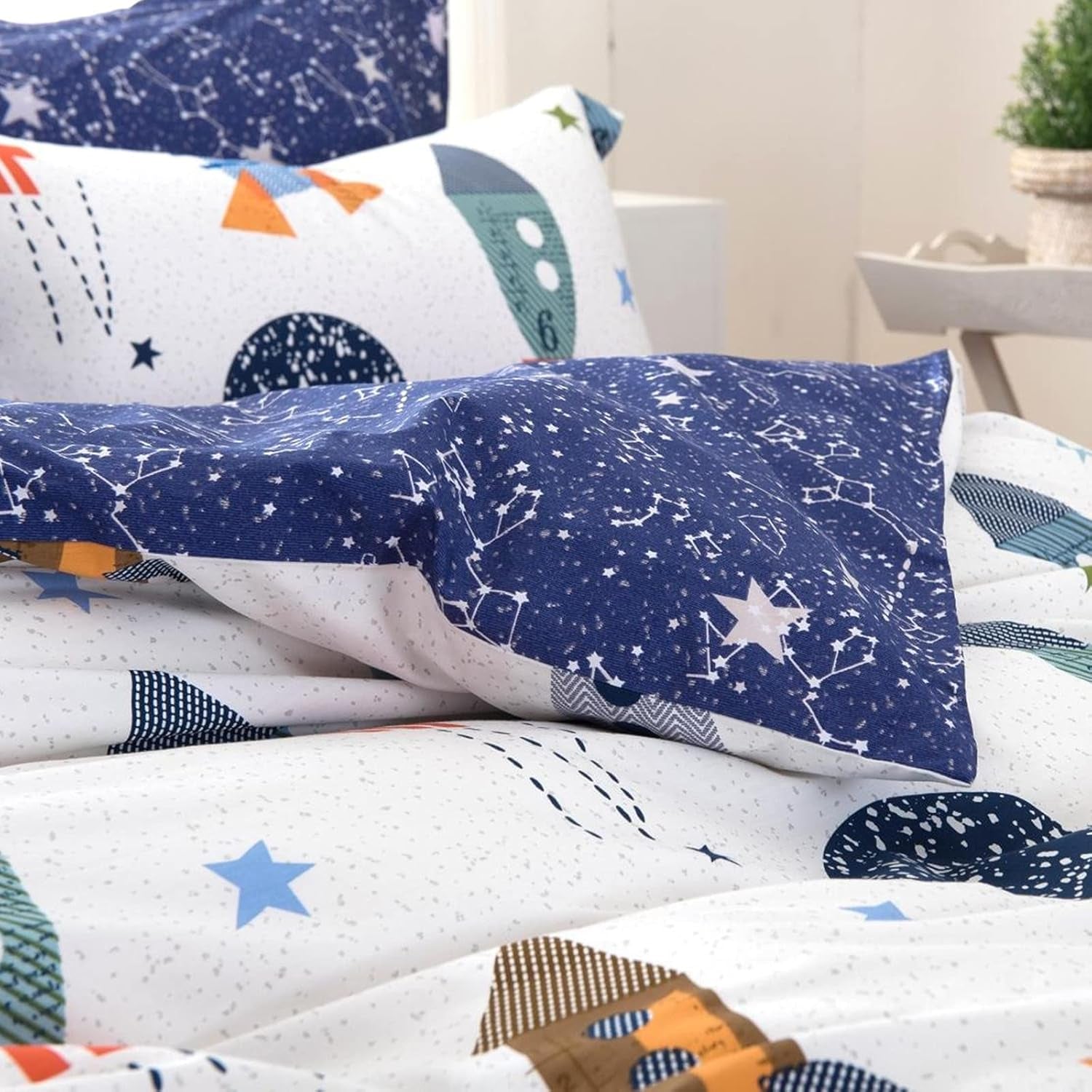 Lenjerie de pat pentru copii, rachete si planete, design reversibil, bumbac Lenjerie de pat - copii Naty Shop