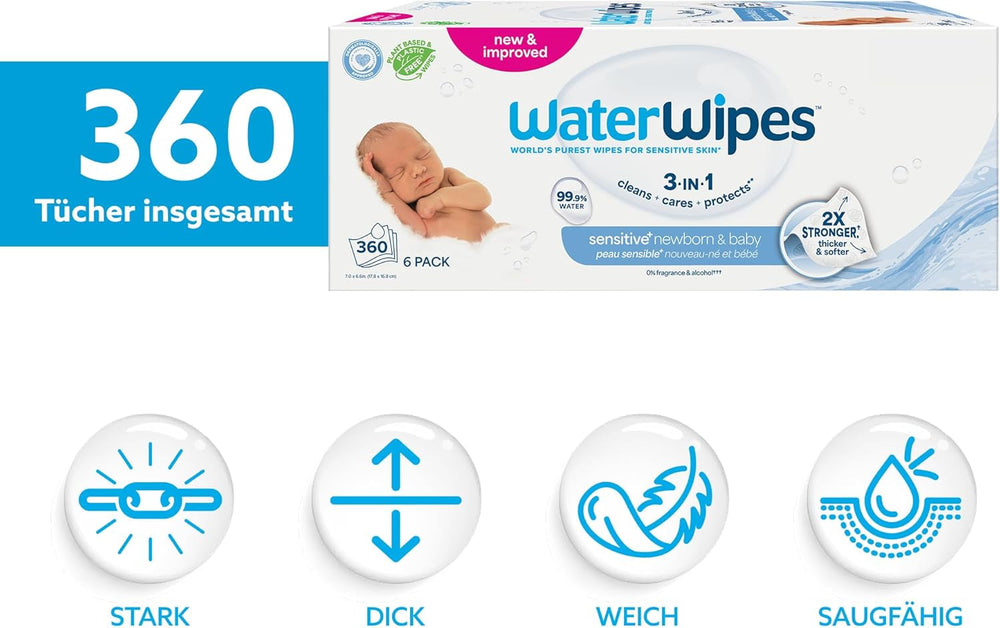 Șervețele umede WaterWipes Sensitive+ pentru nou-născuți și bebeluși, 360 bucăți (6 pachete), curățare, îngrijire, protecție 3 în 1, 99,9% apă, fără parfum