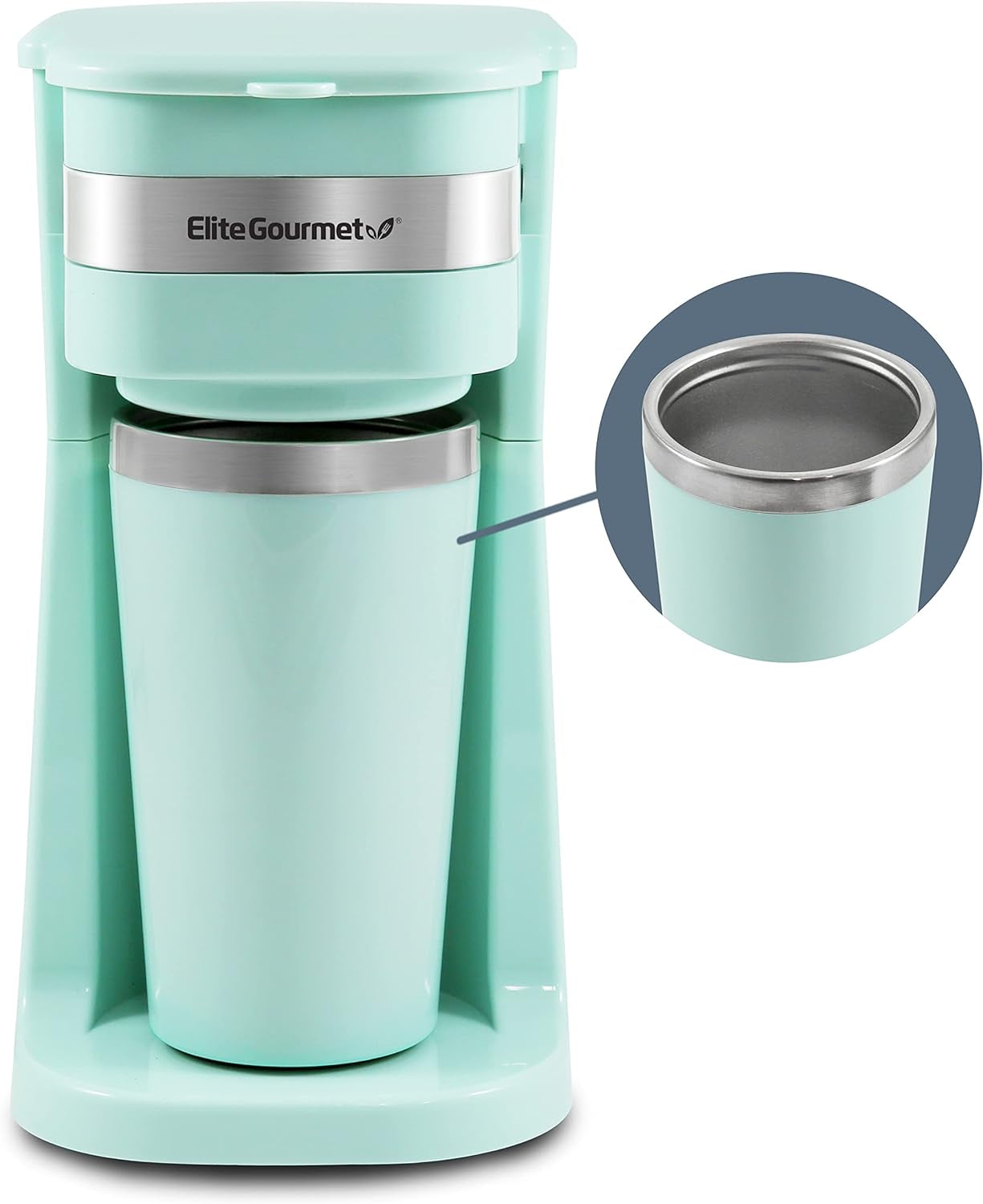 EHC113M# Espressor cu filtru pentru o singură servire, compact, personal, cu cană termică de călătorie din oțel inoxidabil în interior, pentru cafea măcinată, filtru reutilizabil, verde mentă, 400 ml