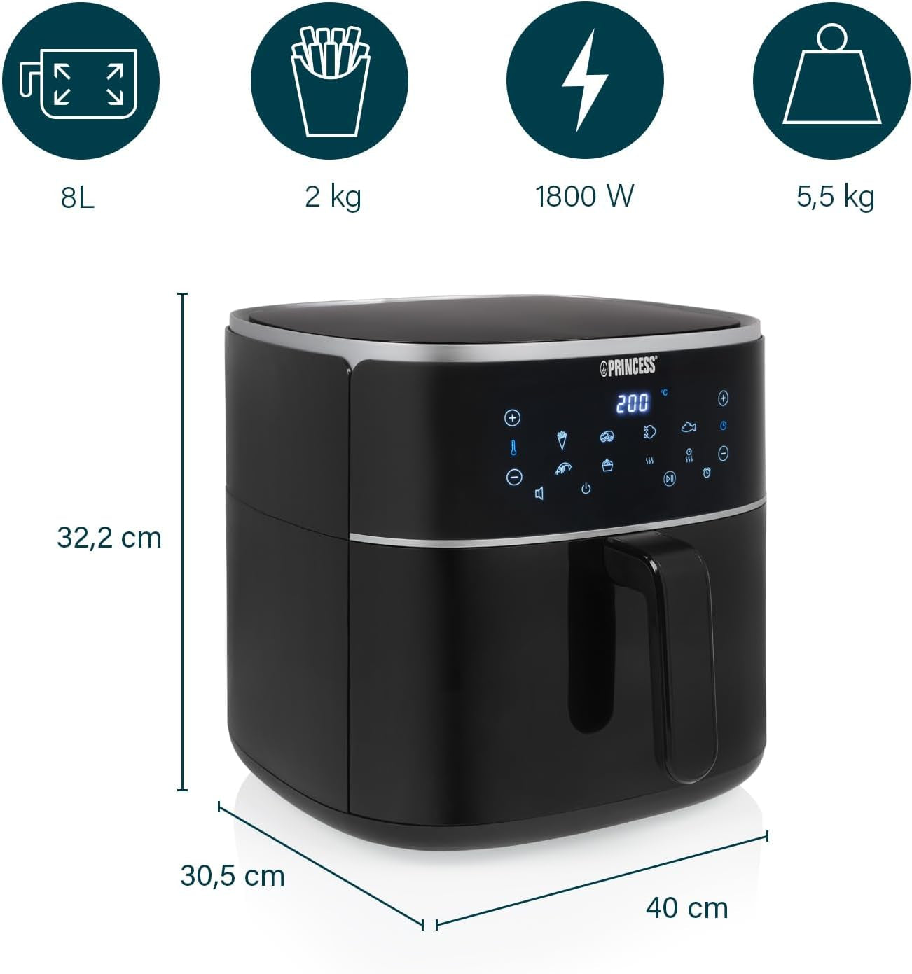 Princess Digital Hot Air Fryer - Capacitate variabilă a vasului - 8 litri maxim - 6 programe presetate Electrocasnice Naty Shop