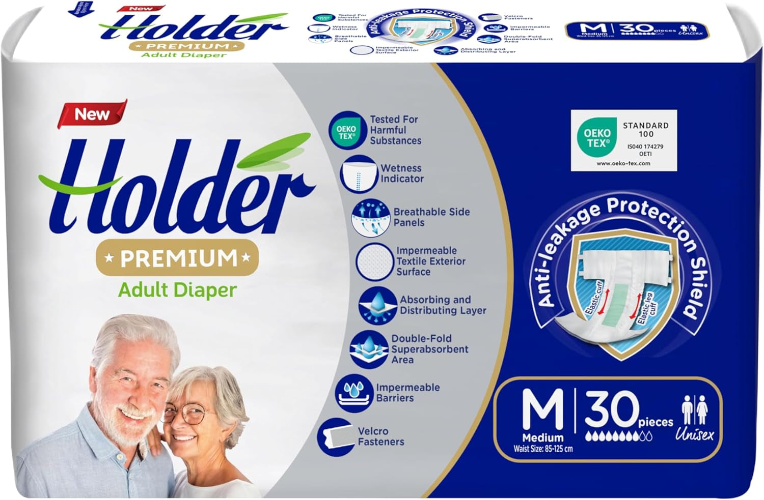 Scutece unisex de unică folosință pentru adulți, impermeabile, absorbante, laterale elastice și respirabile, strat dublu super absorbant, indicator de umiditate, protecție dermatologică de 5 stele, mediu