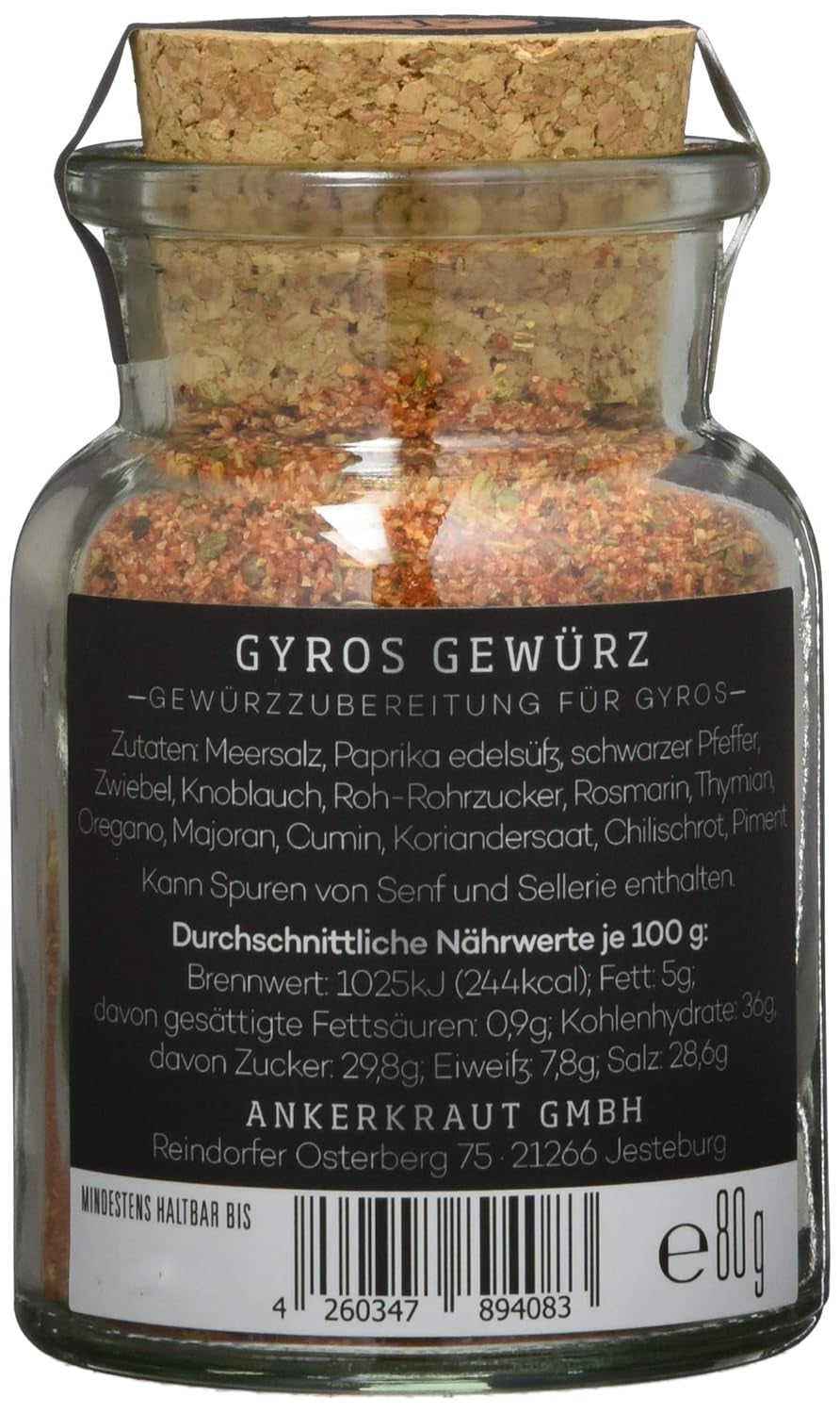 Ankerkraut Gyros, Gewürzmischung für Gyros, egal ob aus der Pfanne oder vom Grill, mit Zwiebel, Knoblauch, Majoran, Cumin, Piment und mehr, 80 g im Korkenglas