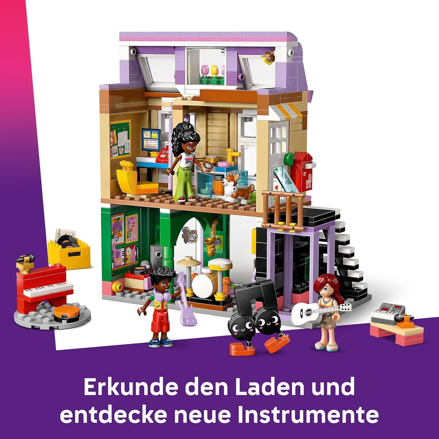 LEGO Friends Musikladen & Wohnung - Spielzeug mit 3 Mini-Puppen, Einer Corgi Tierfigur und Musikinstrumenten wie Klavier, Schlagzeug, Gitarren & Zubehör - Geschenk für Mädchen ab 7 Jahren - 42653