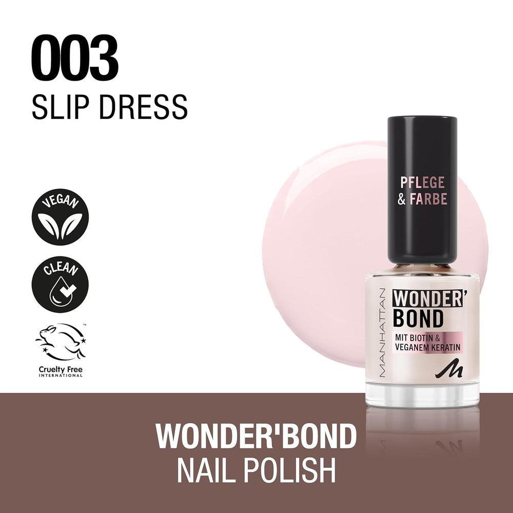 Oja MANHATTAN Wonder'Bond Color & Care, vegană și fără cruzime, formulă modulabilă cu biotină și keratină vegană, ușor de aplicat, nuanța 003 Slip Dress, 12 ml