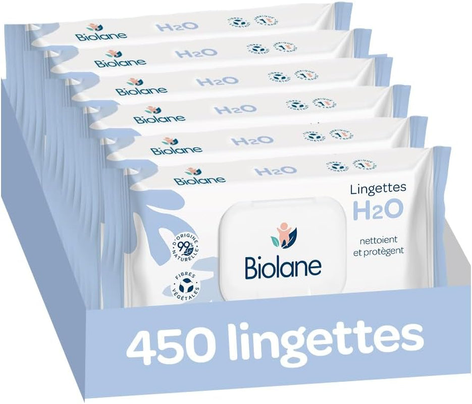 BIOLANE - Șervețele umede pentru bebeluși cu apă - 225 de șervețele - 3 x 75 bucăți - Curățare delicată și eficientă - De la naștere - Calitate franceză