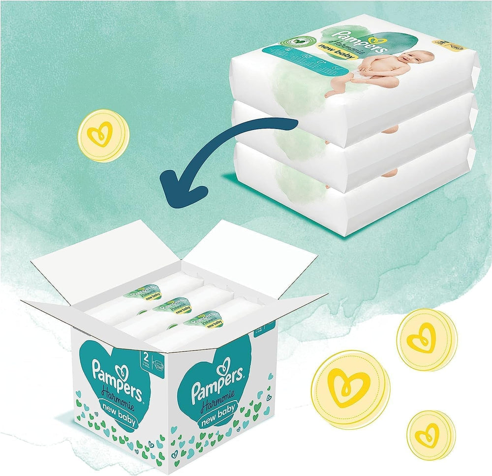 Set Harmonie Baby cu scutece mărimea 2 (4-8 kg, 240 bucăți) CUTIE LUNARĂ și cutie șervețele umede Harmonie Aqua Baby 720 șervețele (15 x 48), articole esențiale pentru bebeluși