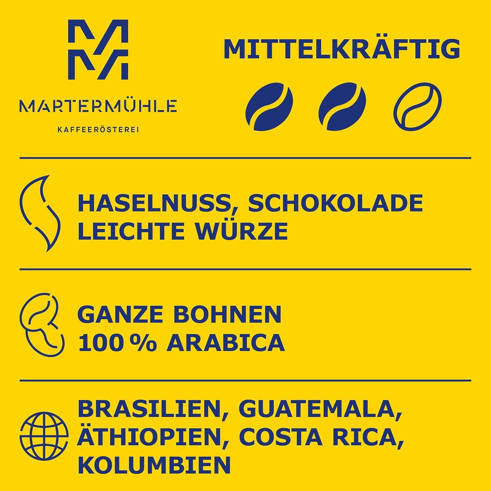 Martermühle Aßlinger Mischung Kaffeebohnen 1kg I Arabica I Aromen: Haselnuss, Leichte Würze, Schokolade I Ganze Kaffee-Bohnen schonend geröstet, säurearm