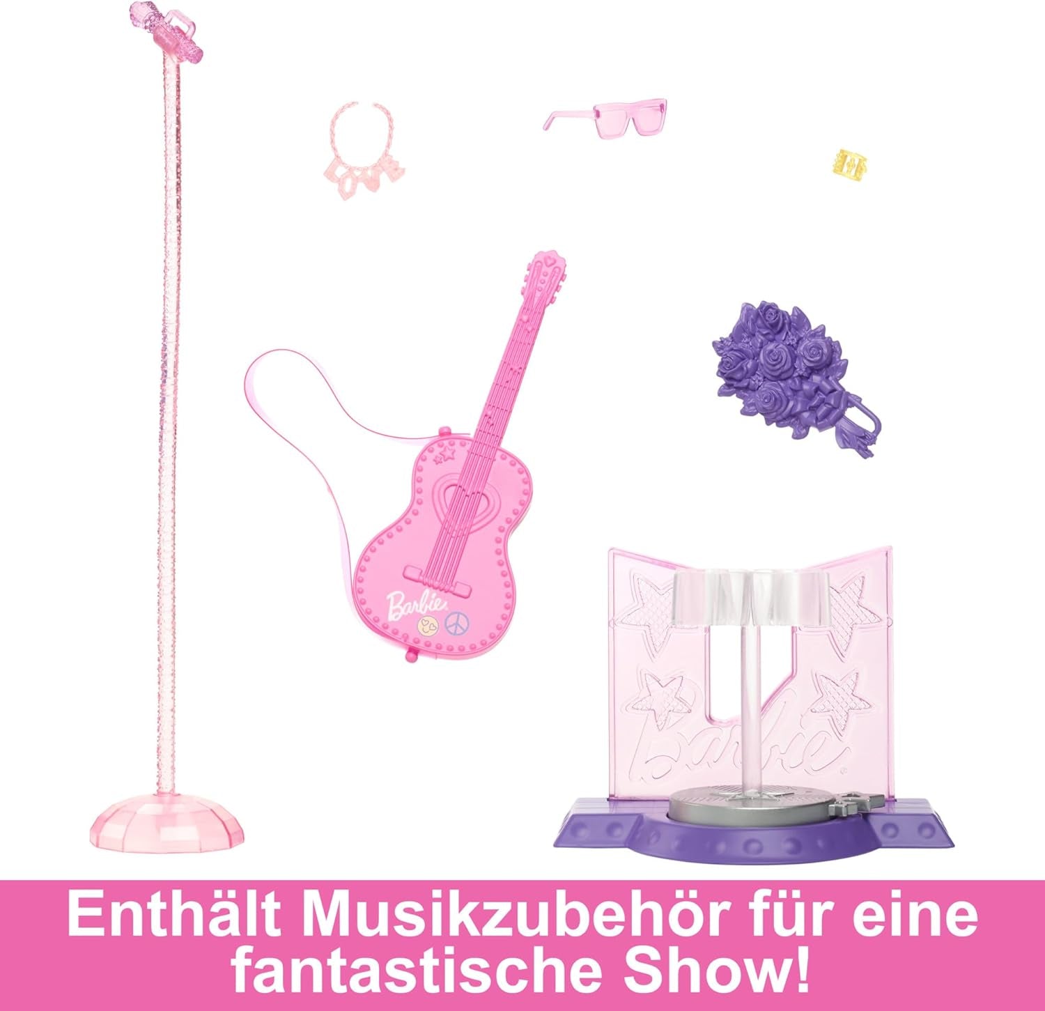 Barbie Sängerin-Puppe - Zubehör-Set zur 65. Jubiläumsedition, Bühnen-Clip, Mikrofon und Gitarre, Sonnenbrille, Schmuck und Blumenstrauß und pinken High Heels, für Kinder ab 3 Jahren, HRG43