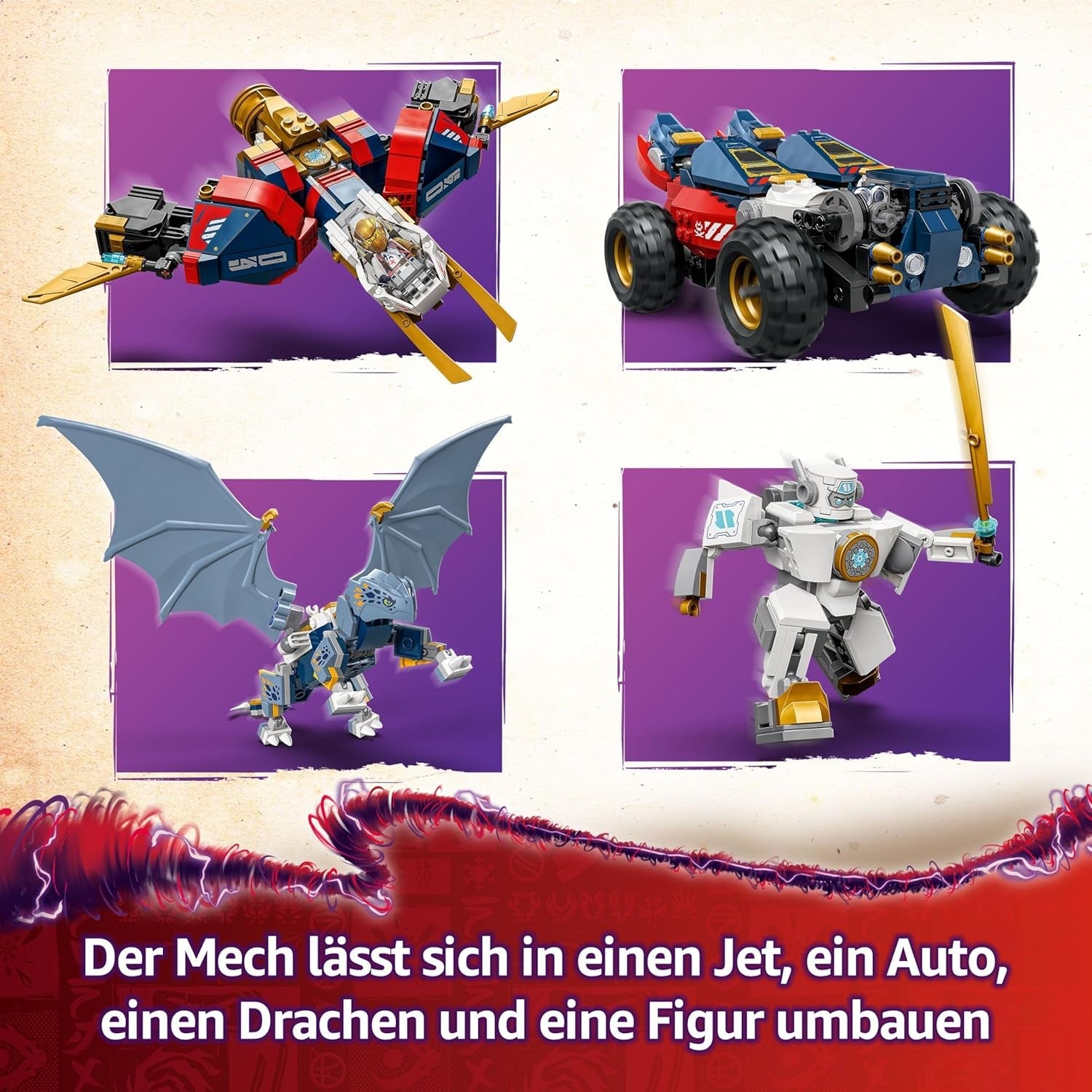 LEGO NINJAGO 4in1 Zanes Ultra-Kombi-Mech - Spielzeug mit Auto Modell - Umbaubar in einen Jet oder Drachen Figur - Inkl. 6 Minifiguren - Bauspielzeug für Jungen und Mädchen ab 9 Jahren 71834