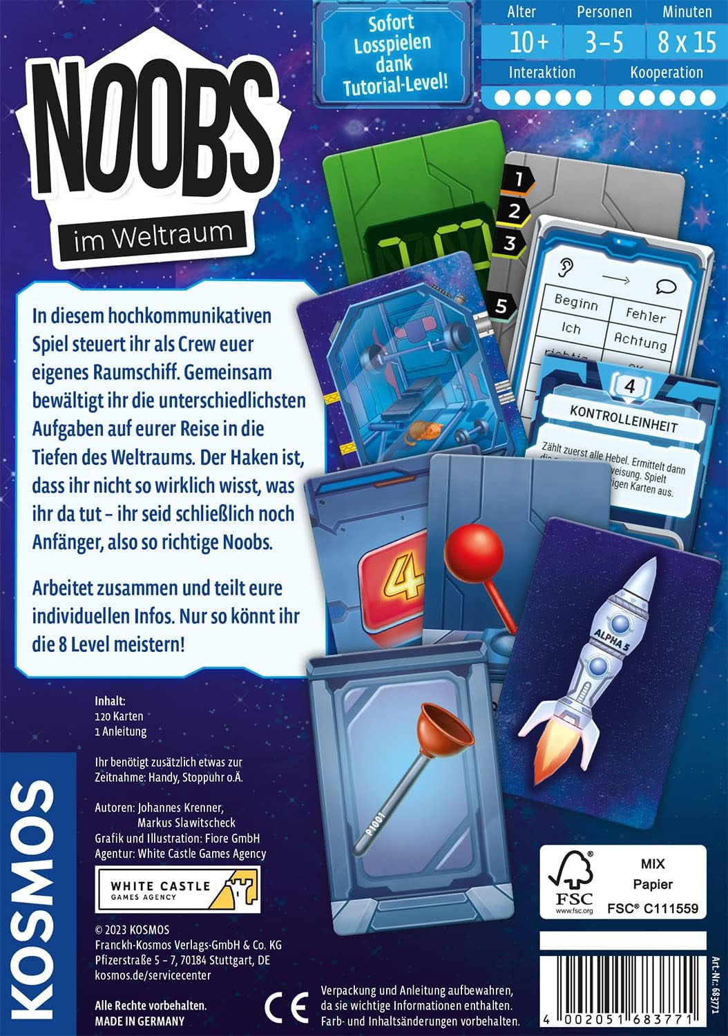Kosmos 683771 Noobs - În spațiu, stăpâniți misiunile spațiale împreună, joc de cărți distractiv și comunicativ, pentru 3-5 jucători, cu vârsta de la 10 ani în sus, joc de petrecere, joc de călătorie, suvenir, mic cadou