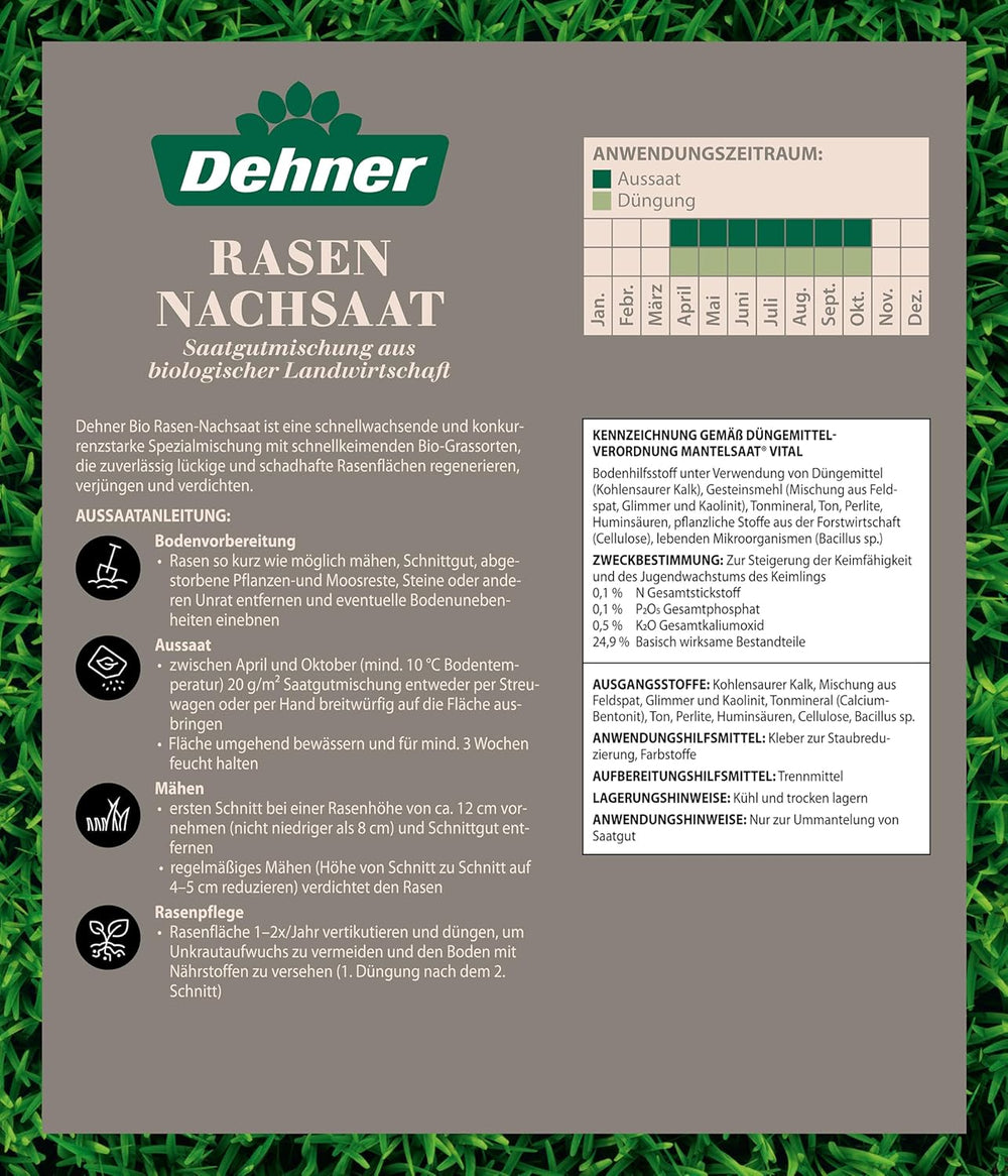 Dehner Bio Saatgut Rasen-Nachsaat, Hochwertige Saatgutmischung, Raschwüchsig / Schnellkeimend, 500 G, Für Ca. 25 M², Natur